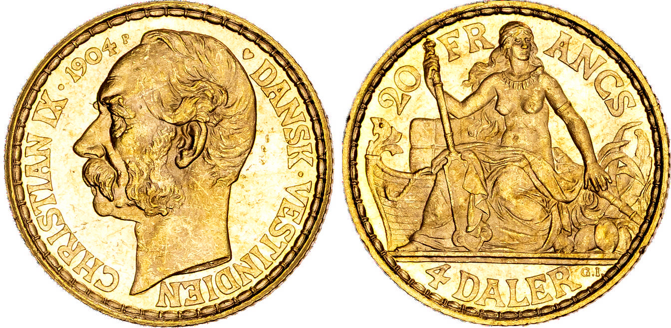 Denmark, Danish West Indies, Christian IX (1863-1906), gold 4 Daler - scarce