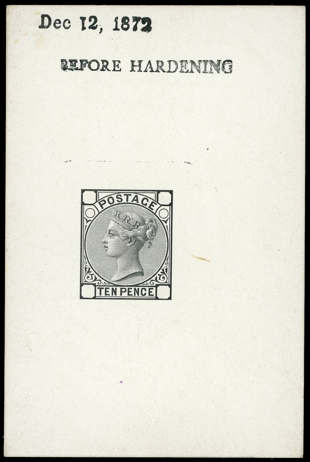 1872 10d Die proof (Design B). Very fine example printed in black on white glazed card (61x92mm), with cleared corner sq…