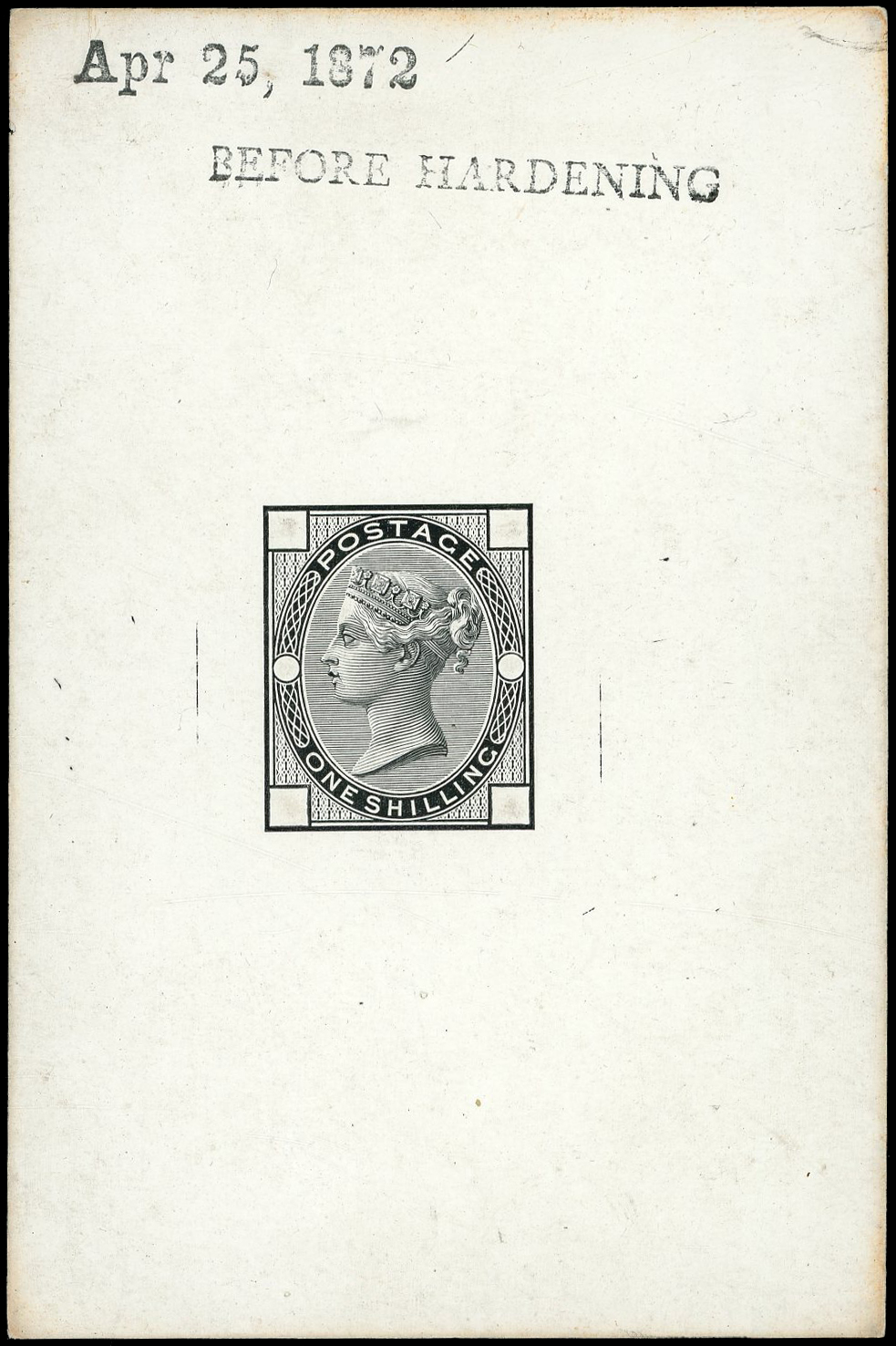 1873-80 1s die proof printed in black on white glazed card (92 x 61mm)