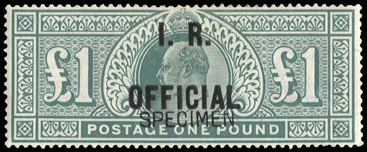 GB SGO27s 1902 £1 Green (I.R. Official). "SPECIMEN" Type 16.