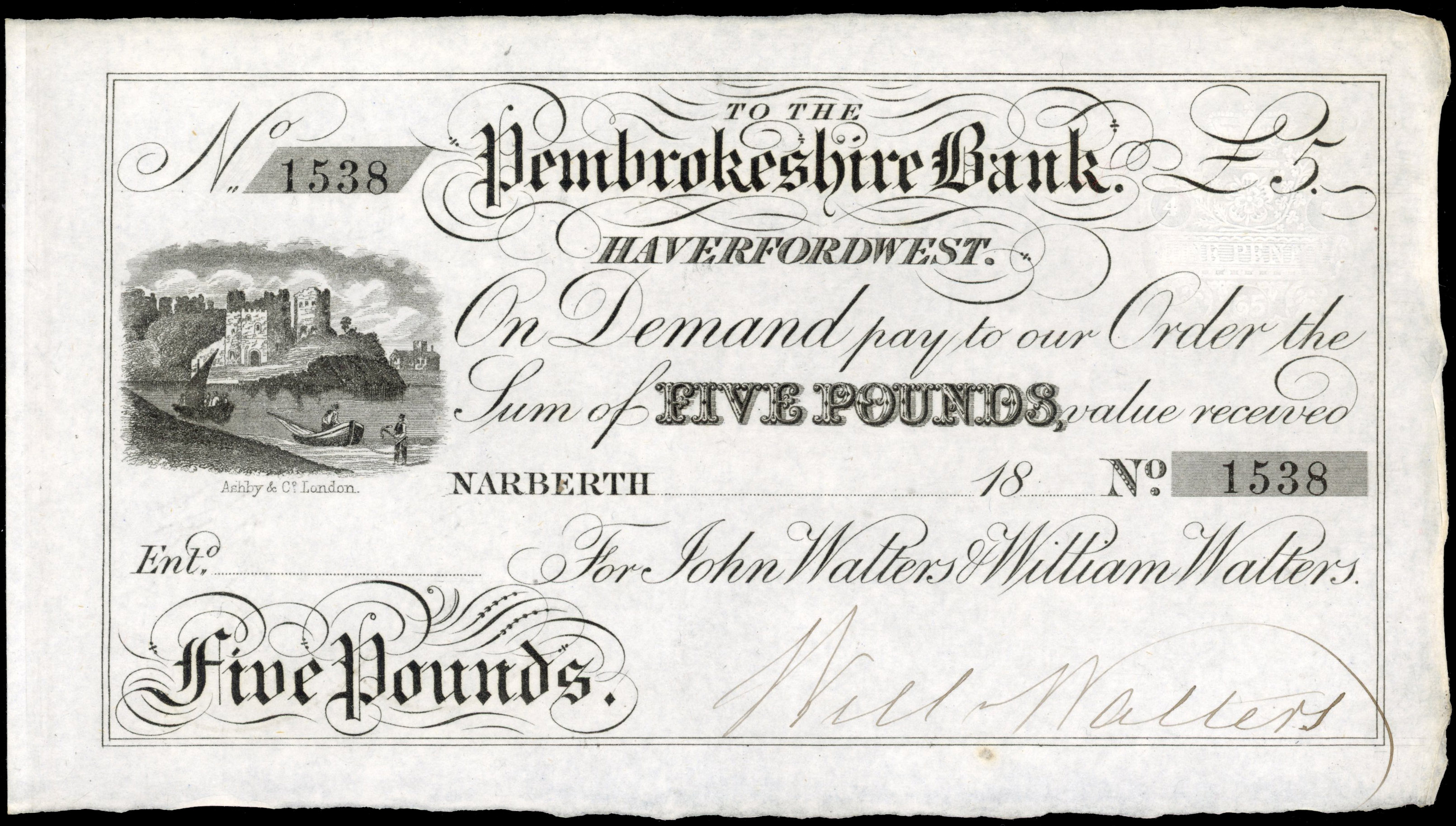 NARBETH, Pembrokeshire Bank, for John Walters and William Walters, Unissued £5.,18—, Serial number 1538, signe…