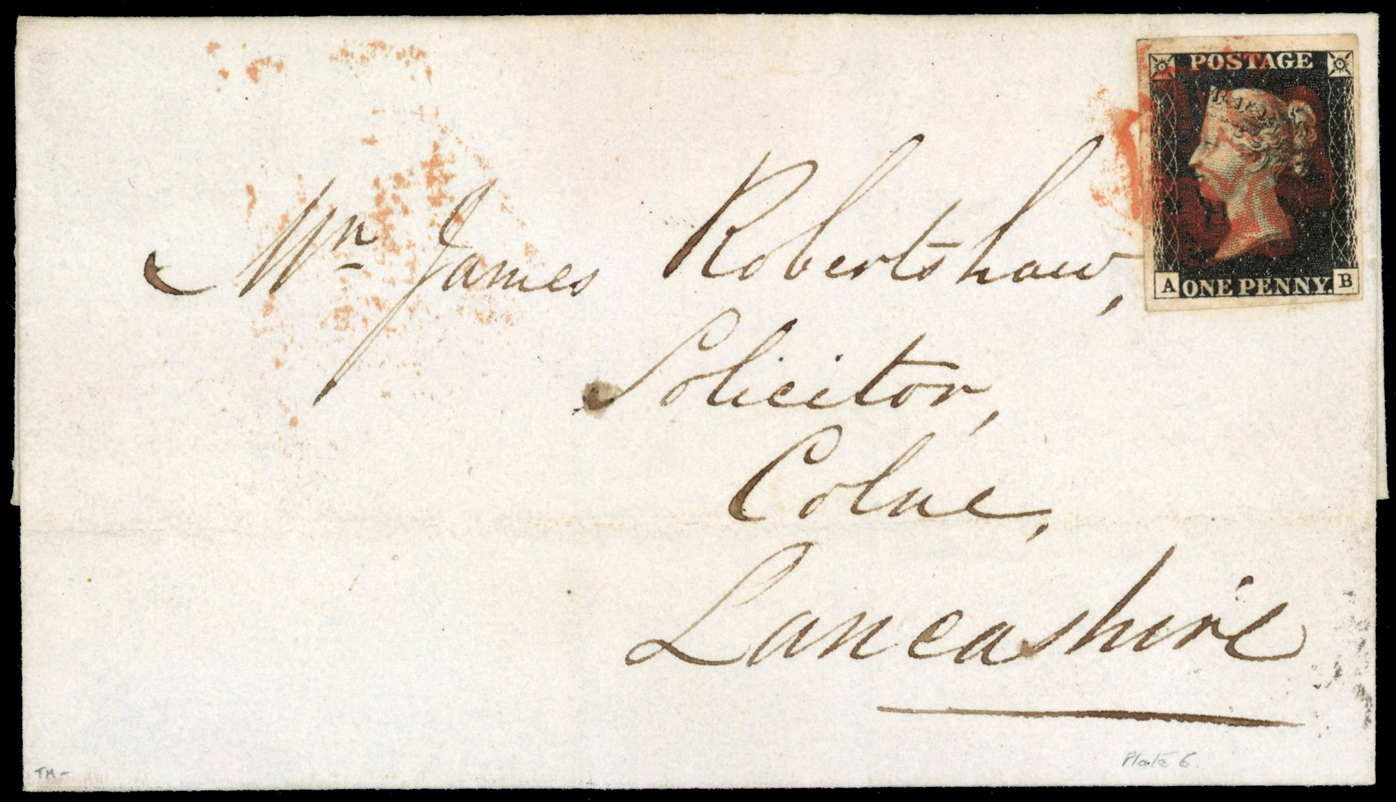GB 1d black Plate 6 on 1840 cover to Lancashire