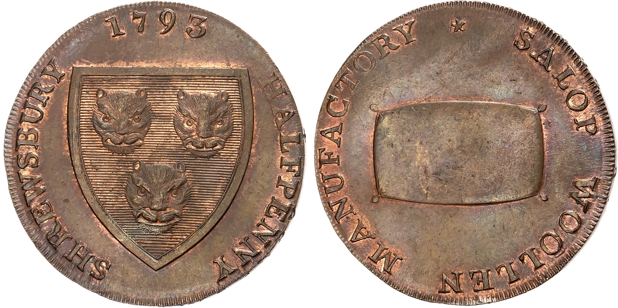 Salop . Shrewsbury , Isaac Wood (watchmaker & printer) Halfpenny 1793, Arms of Shrewsbury, rev. wool pack, edge PAYABLE …