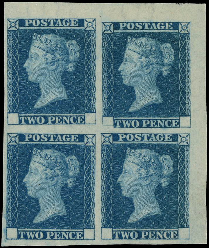 1841 2d Blue. Unused top right hand corner marginal block of four