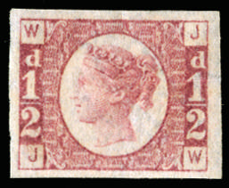 Great Britain 1870 ½d Rose red Pl.1. Very fine unused part o.g. large four margin imperforate example lettered JW,…