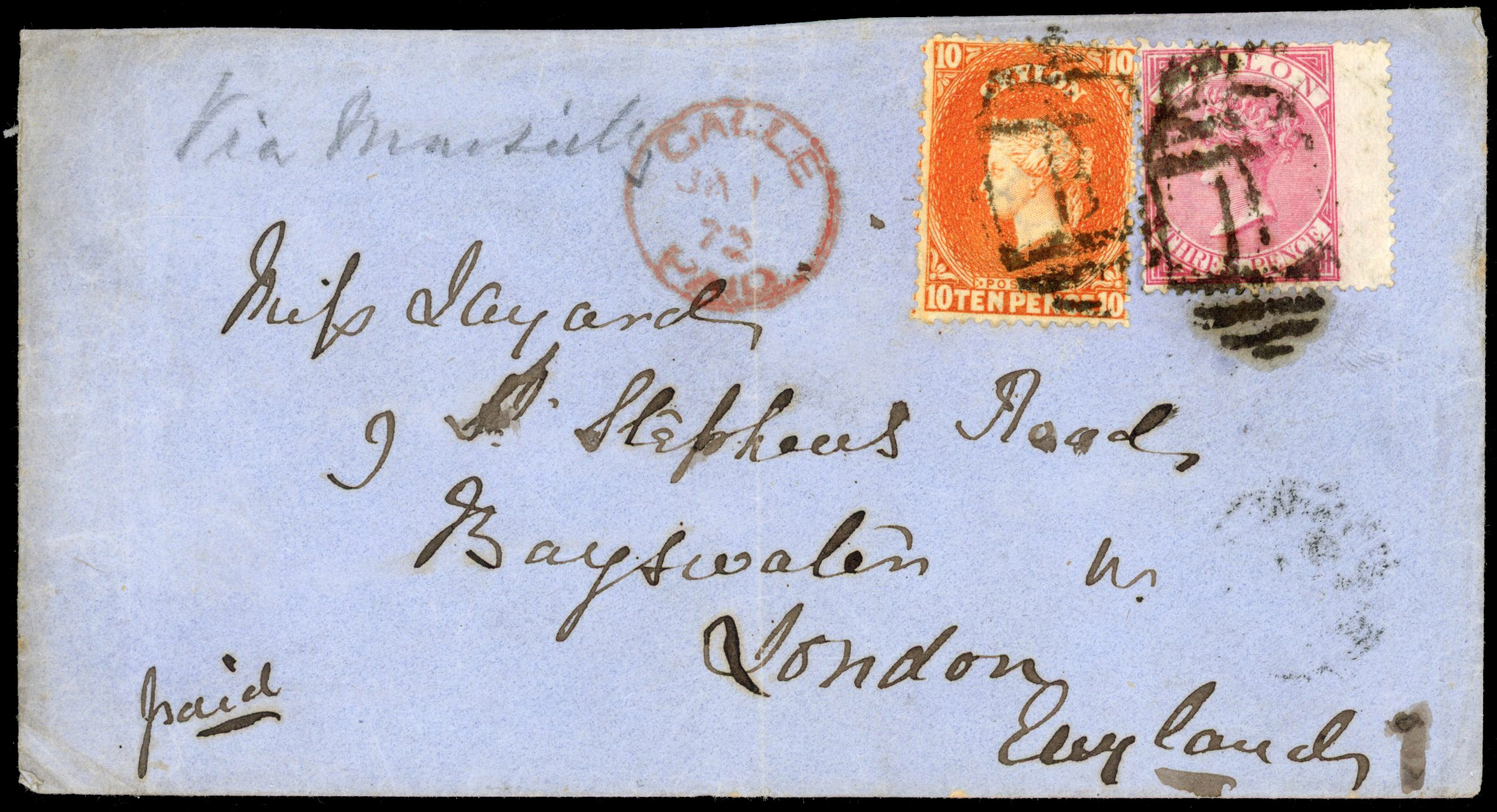 Ceylon 1872 cover Galle to London
