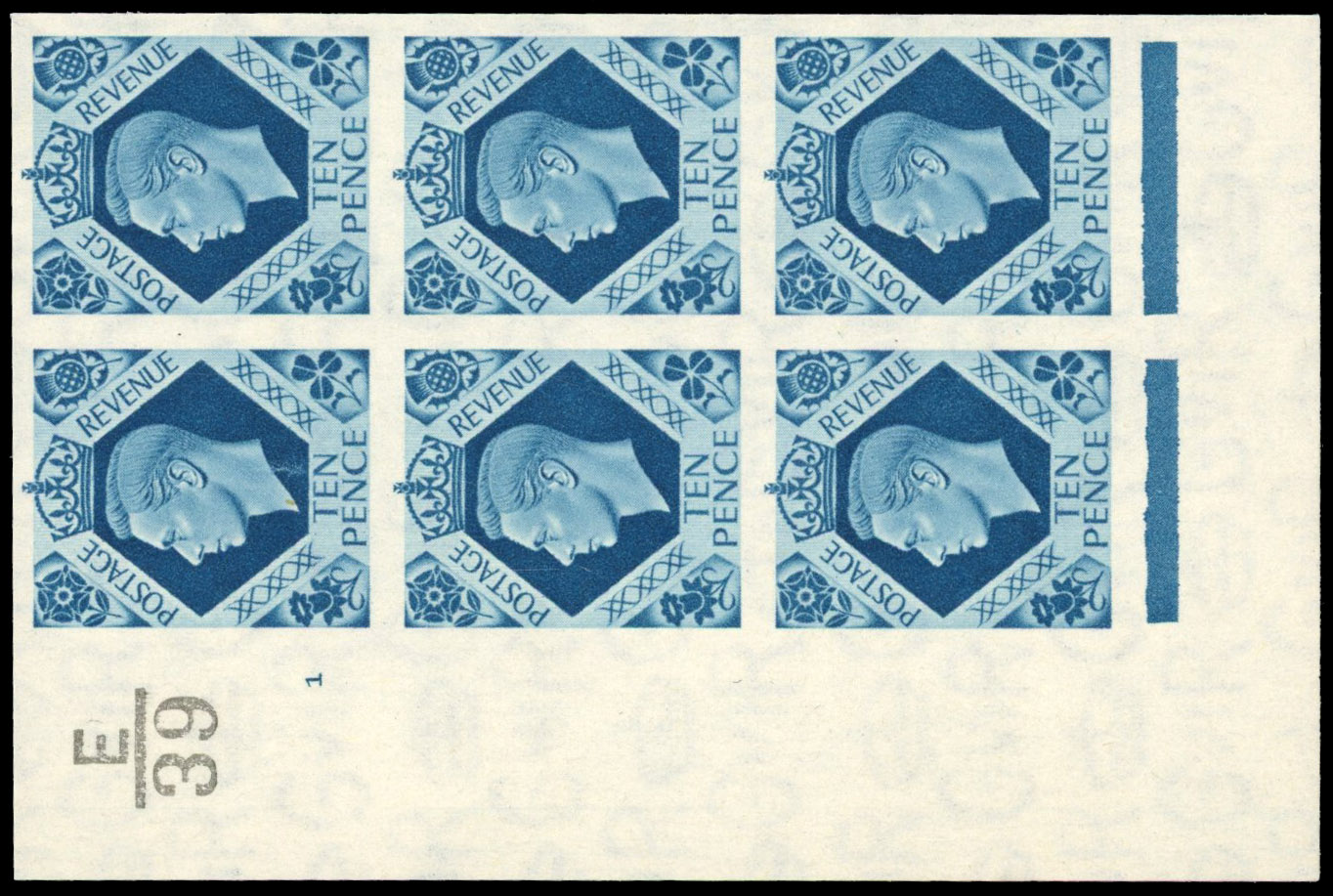 Great Britain 1937 10d Turquoise-blue, Control Block of Six, BPMA Imprimatur, SG 474