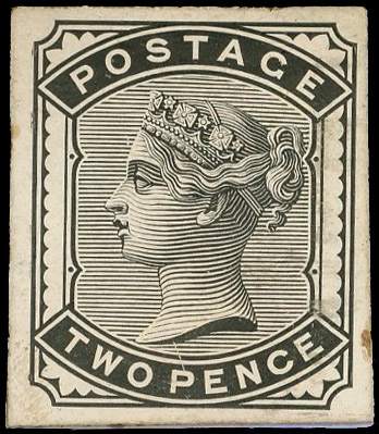 1880 2d rose. Very fine die-proof printed in black on white glazed card reduced to stamp size (21x35mm), originally from…