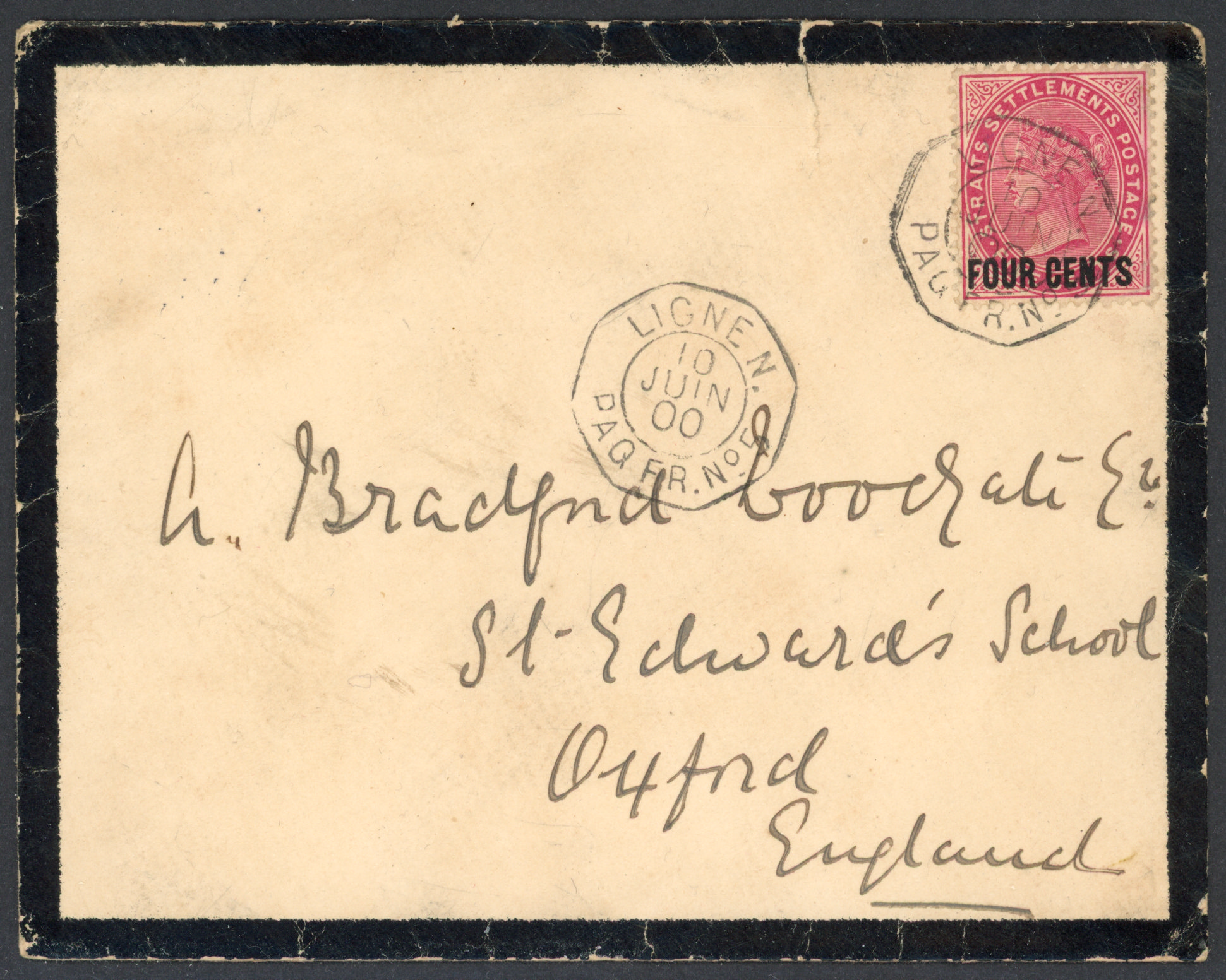Straits Settlements SG 109 1900 mourning cover to England with French ship Ligne N octagonal cancel