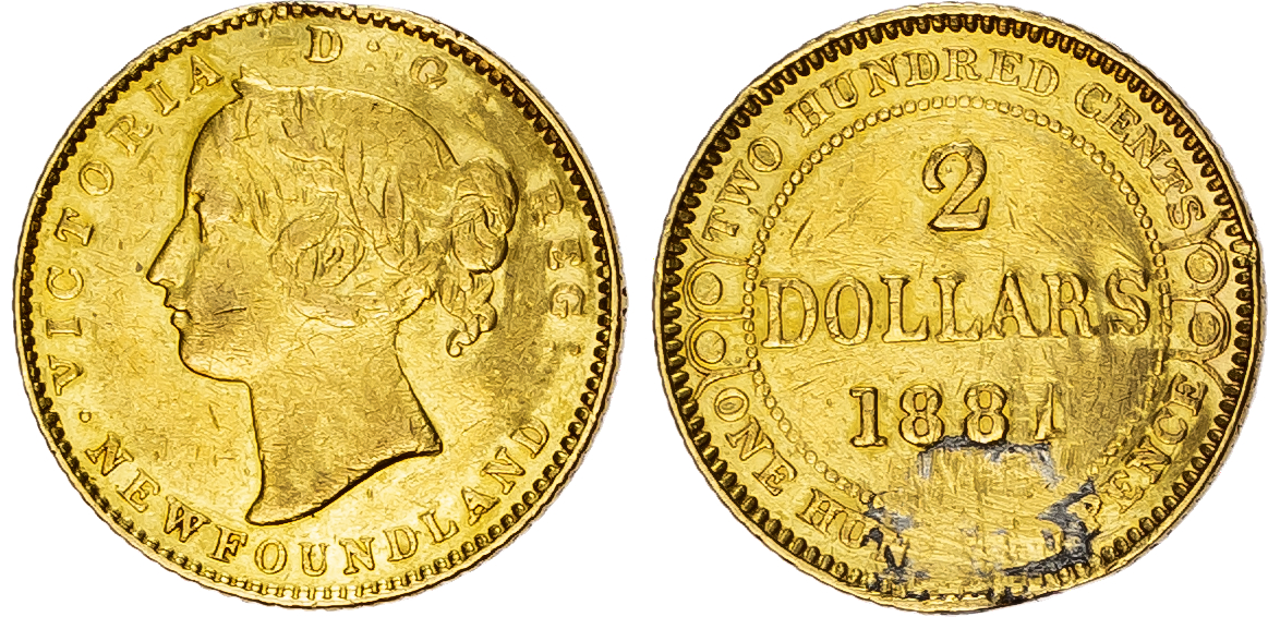 Canada, Newfoundland, Victoria, Two Dollars 1881 (KM 5) (3.32gm/22ct).