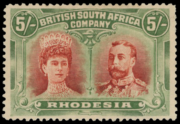 5s vermilion and deep green SG 159, position 46 King's extra curl mint