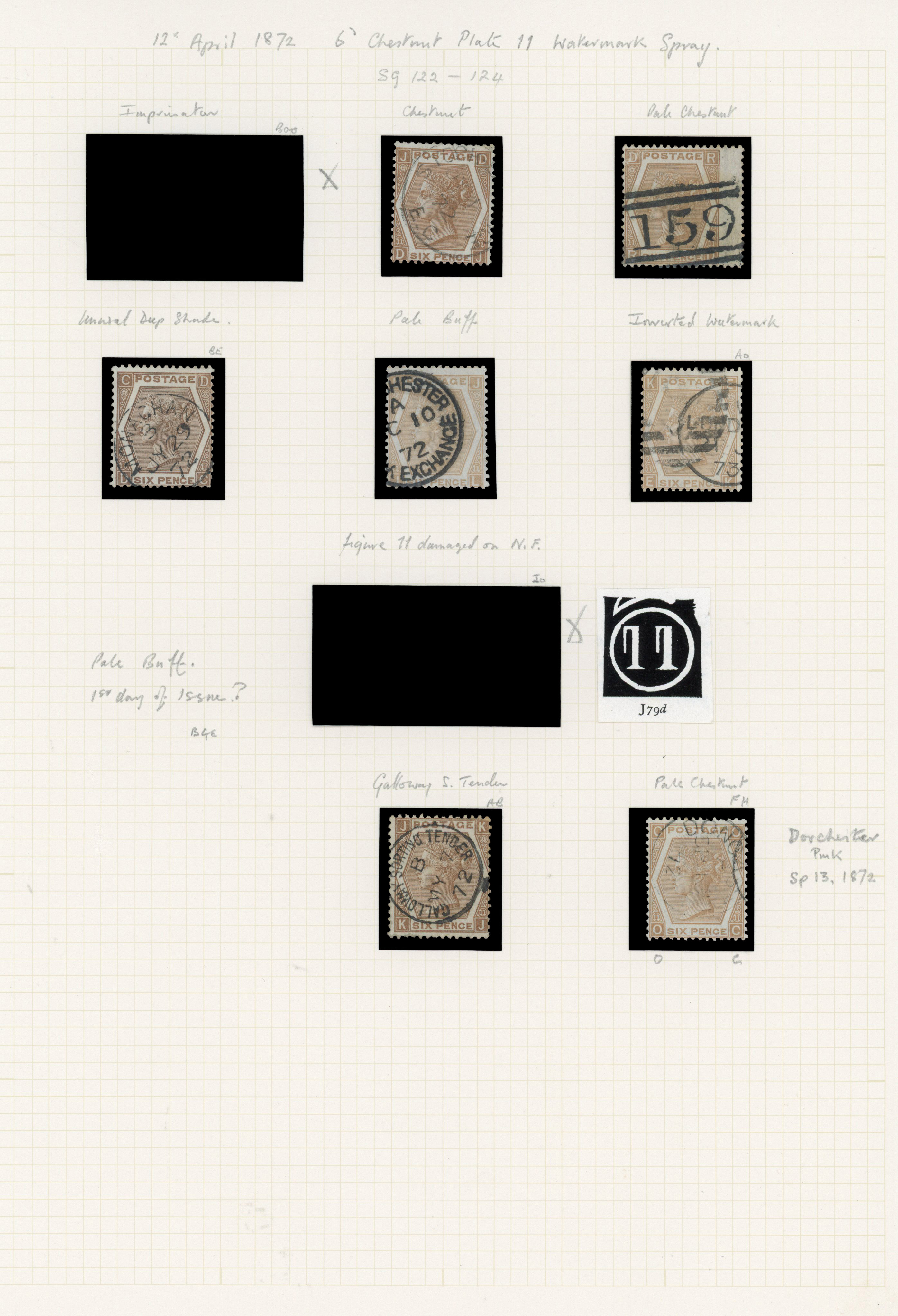 1872 6d Chestnut/buff Pl.11-12 & 6d Grey Pl.12 (SG122-125, Wmk. Spray). A fine group of fifteen 