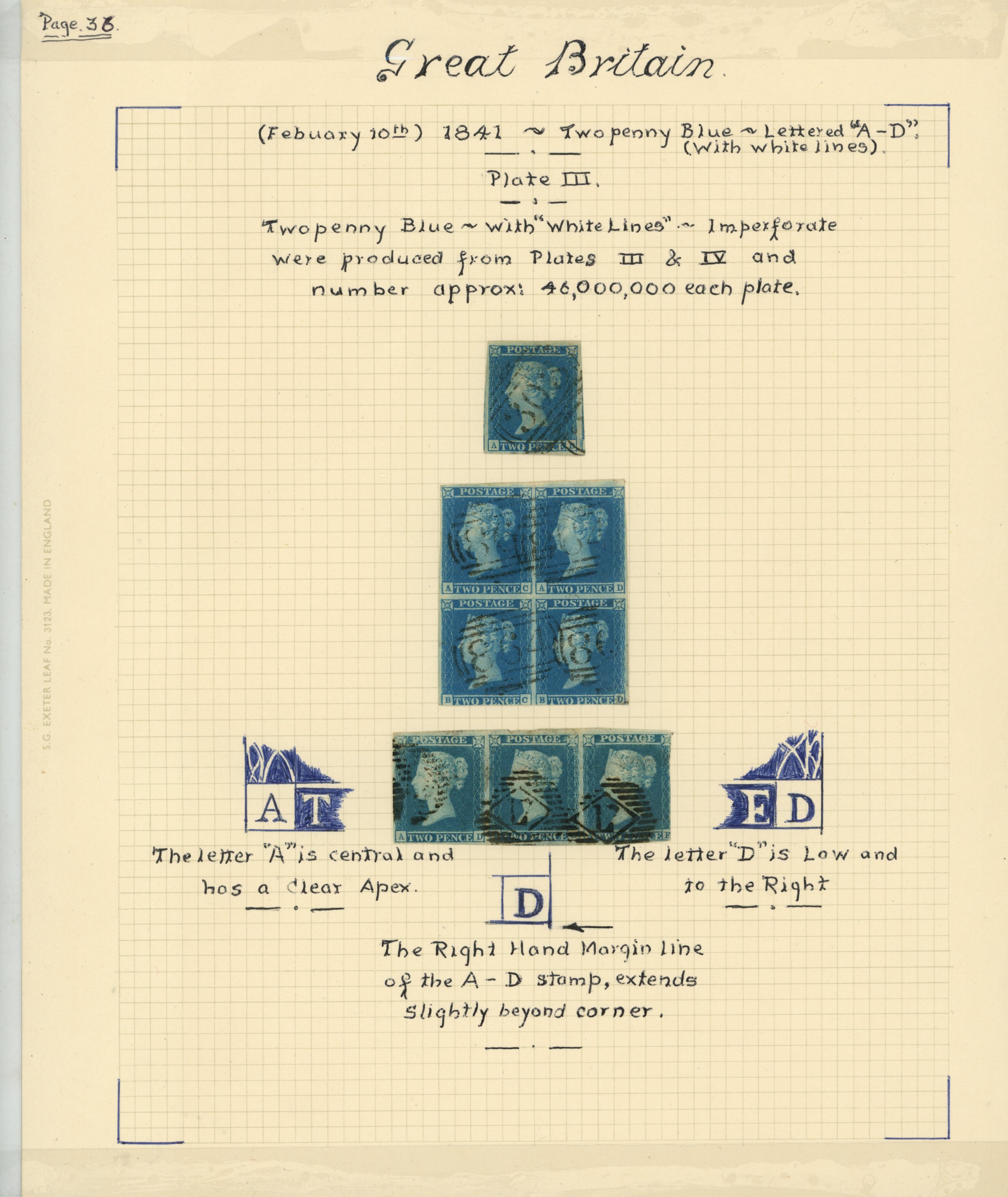 1841 2d blue, Plate 3, selection lettered...