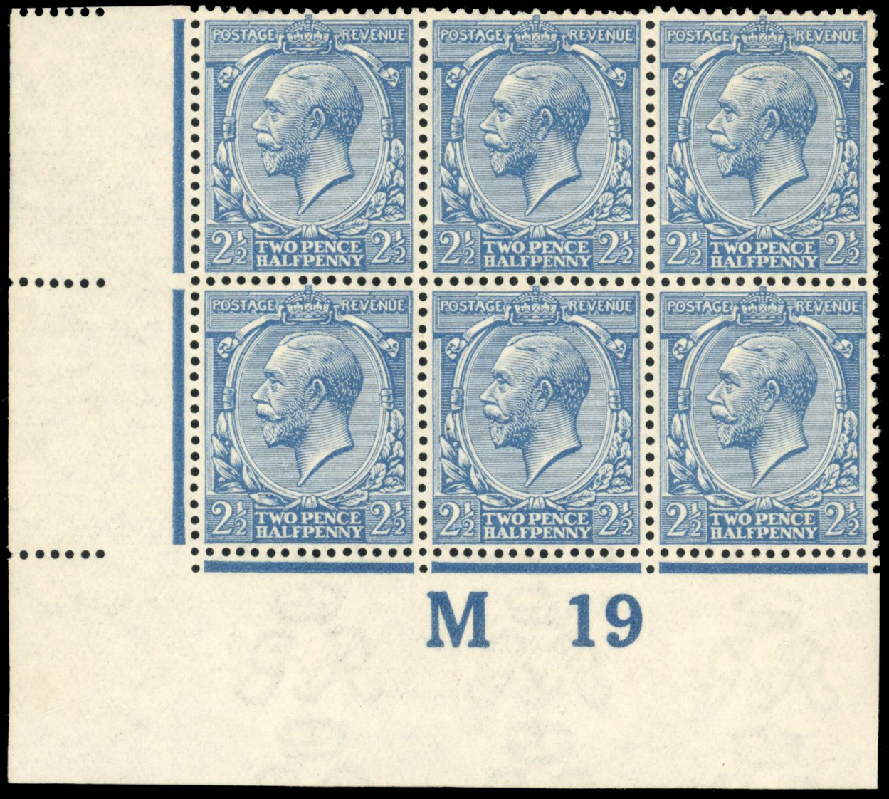 GB 1912-24 Royal Cypher 2½d dull blue, mint control M19 block