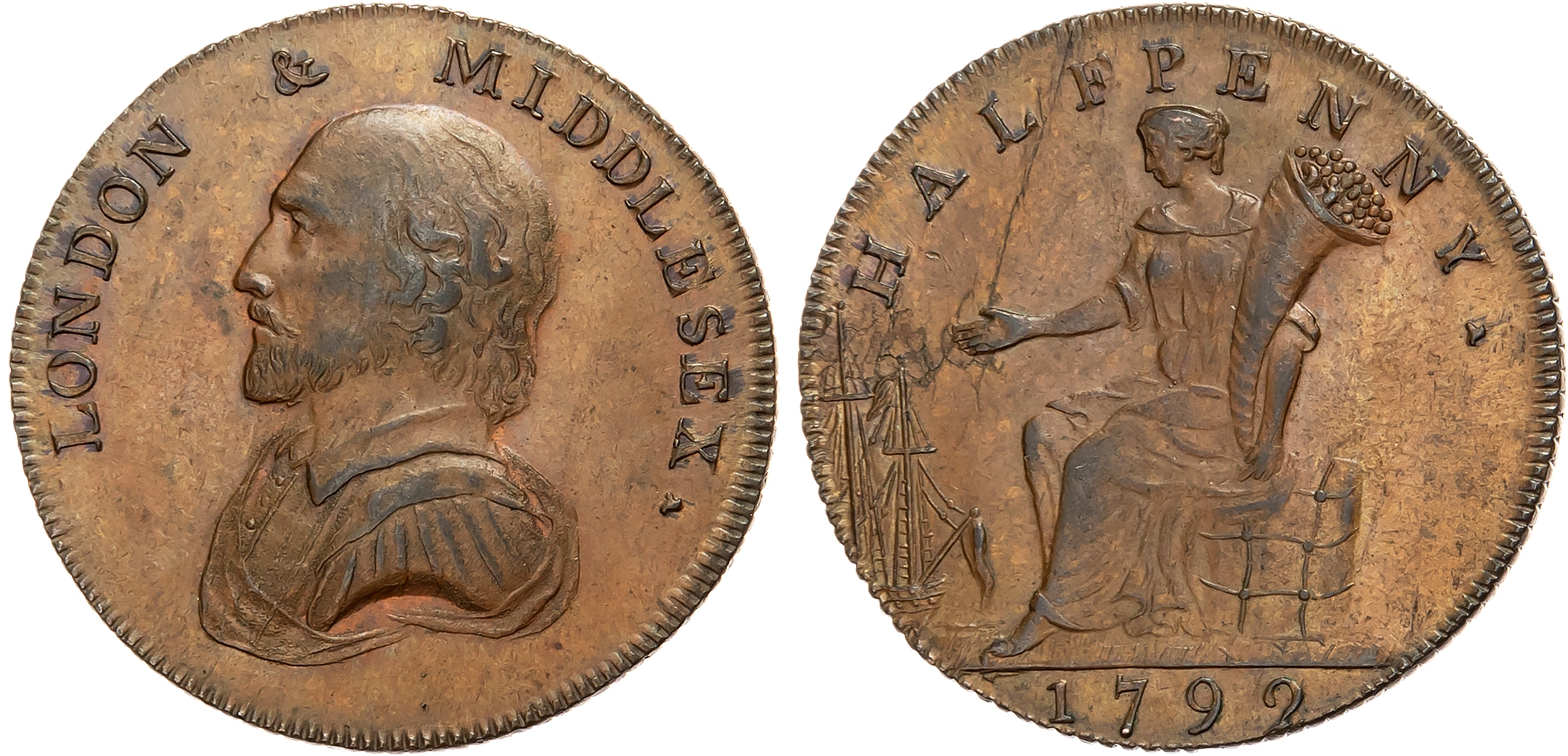 London & Middlesex, Unknown Issuer Halfpenny 1792. Bust left of Shakespeare, rev. Commerce seated left, ship to left, ed …