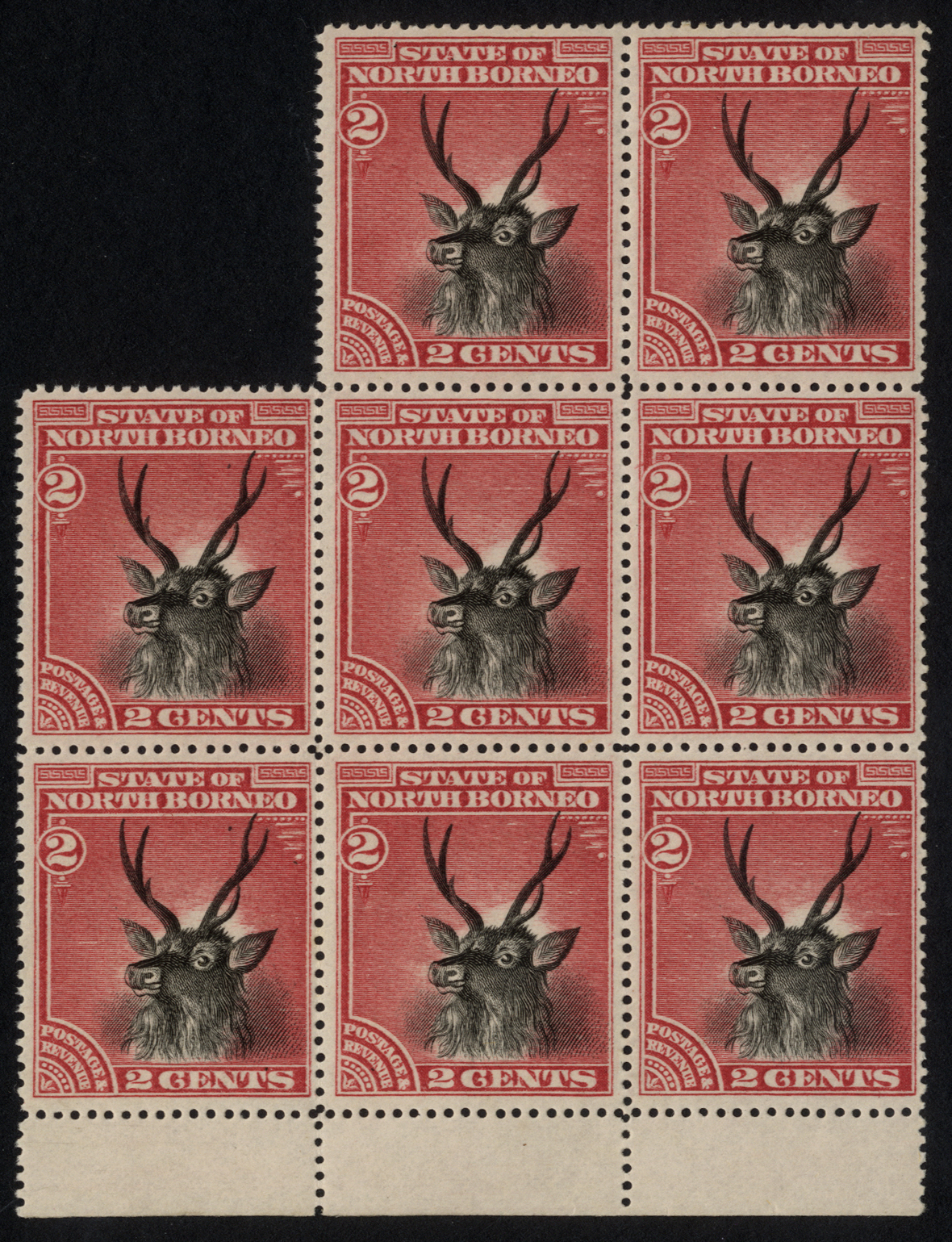 1894 2ct black and rose-lake, perf 14½-15. Irregular bottom marginal block of eight, u/m. SG 68, cat...