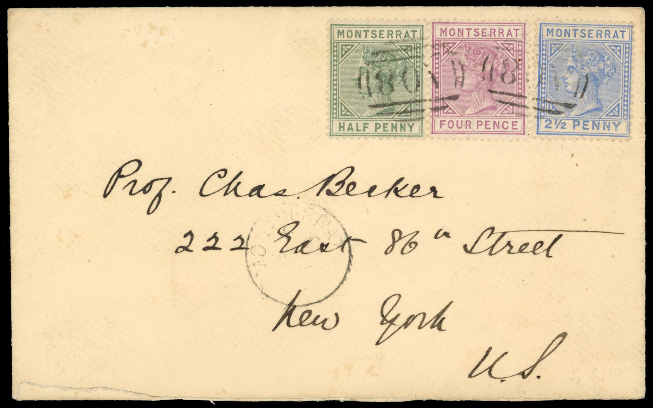 Montserrat SG 7, 10, 12 1889 cover with ½d, 4d and 2½d