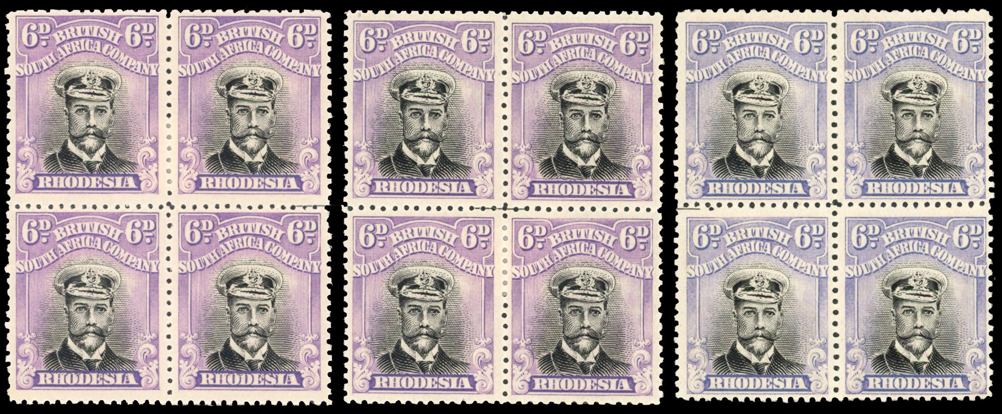 Rhodesia 6d SG 295 three blocks, shades and printer's marks mint
