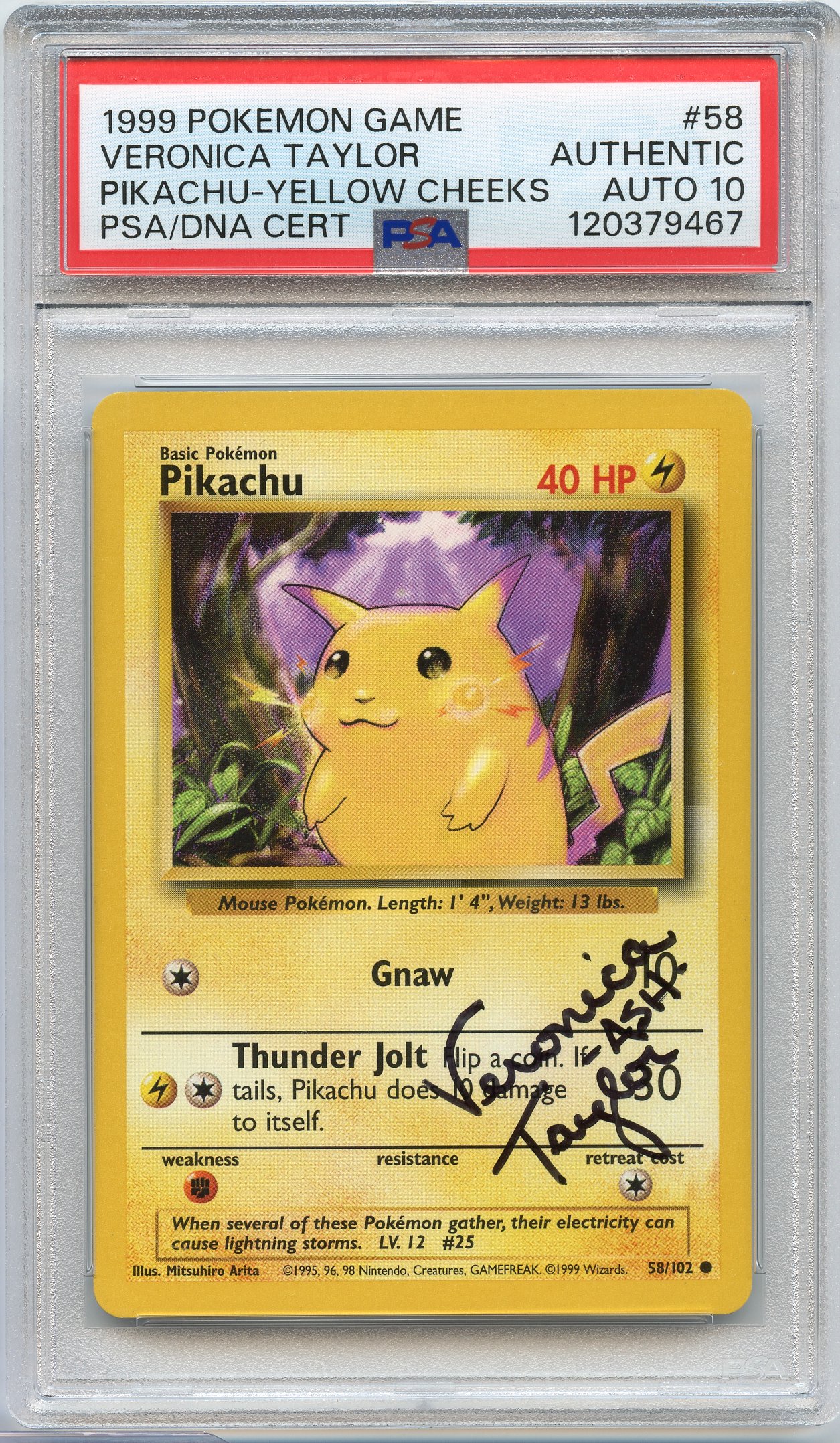 PSA Auto 10 Pikachu #58 Base Set 'Yellow Cheeks' - Signed by Veronica Taylor