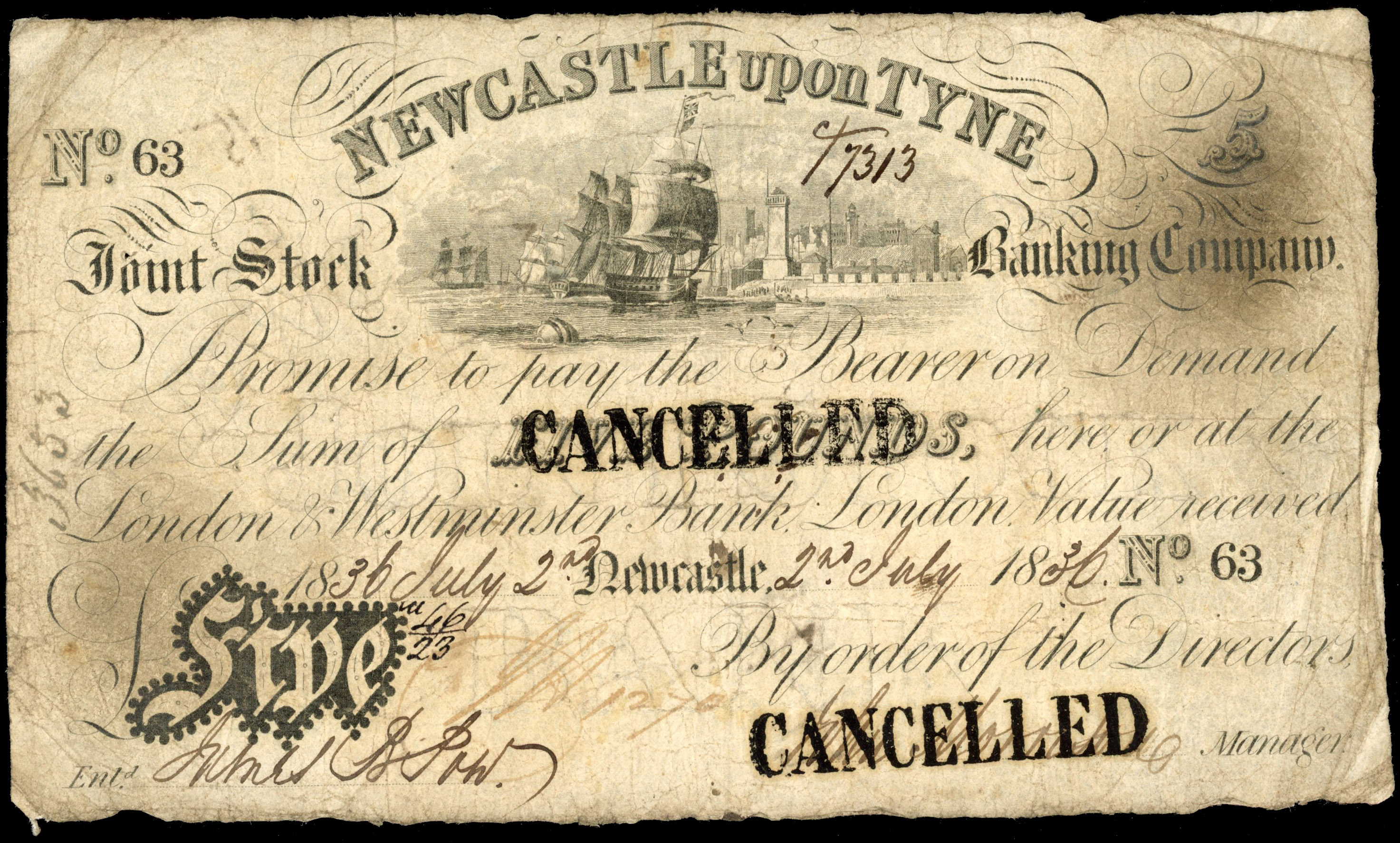 NEWCASTLE-UPON-TYNE, Joint Stock Banking Co, for The Directors, £5.,2 July 1836, serial number 63, vignette of…