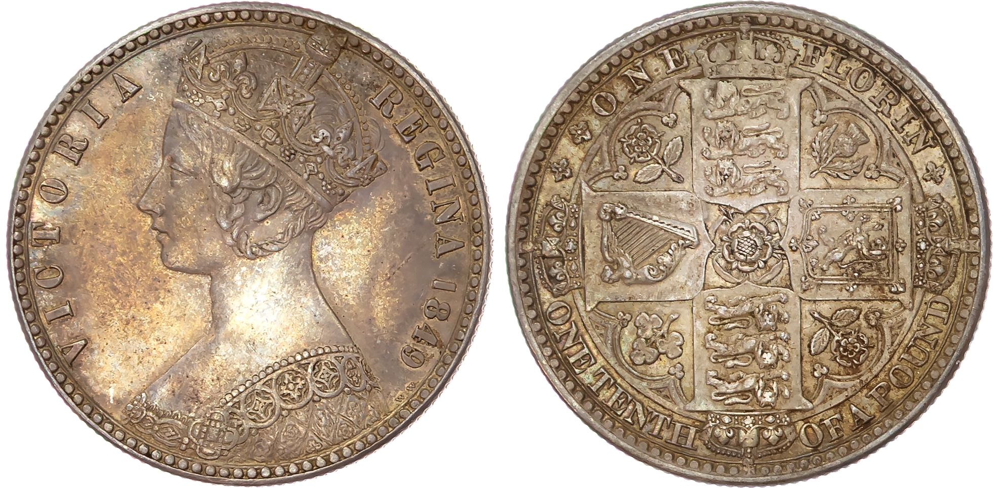 Victoria (1837-1901), Young Head Coinage (1838-1887), AR ‘Godless’ Florin, 1849.