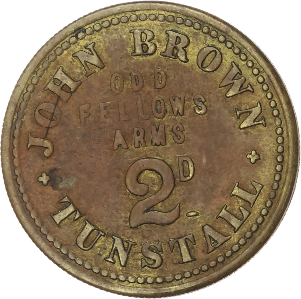 Lot of 3 coins - Staffs. Trentham, Trentham Inn 3d. 27mm (Pope) EF; Longton, Waterloo Inn , 1½d., 26mm. W T. EF...