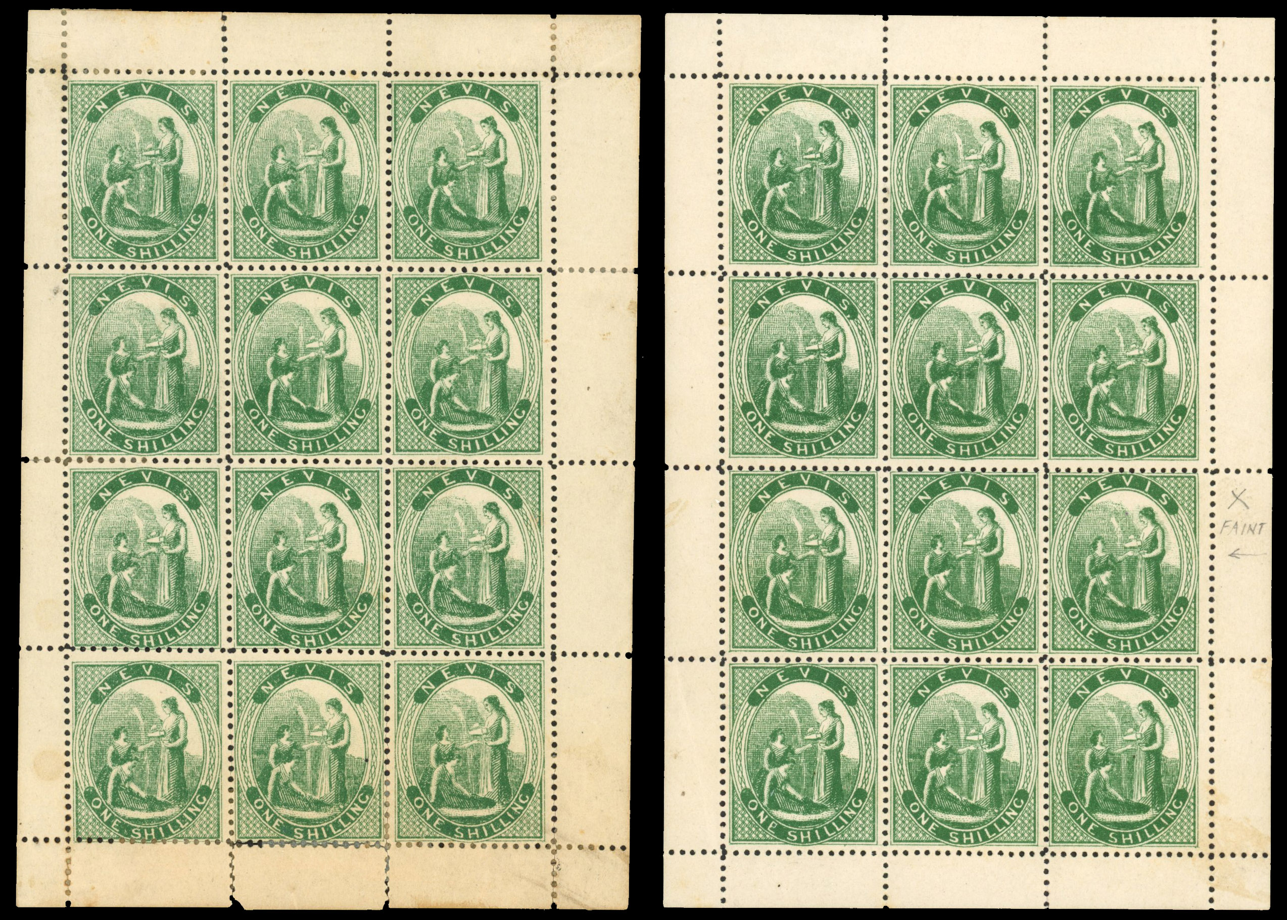 Nevis 1871-78 1s pale green and 1s green, complete sheets of 12, SG 20/21