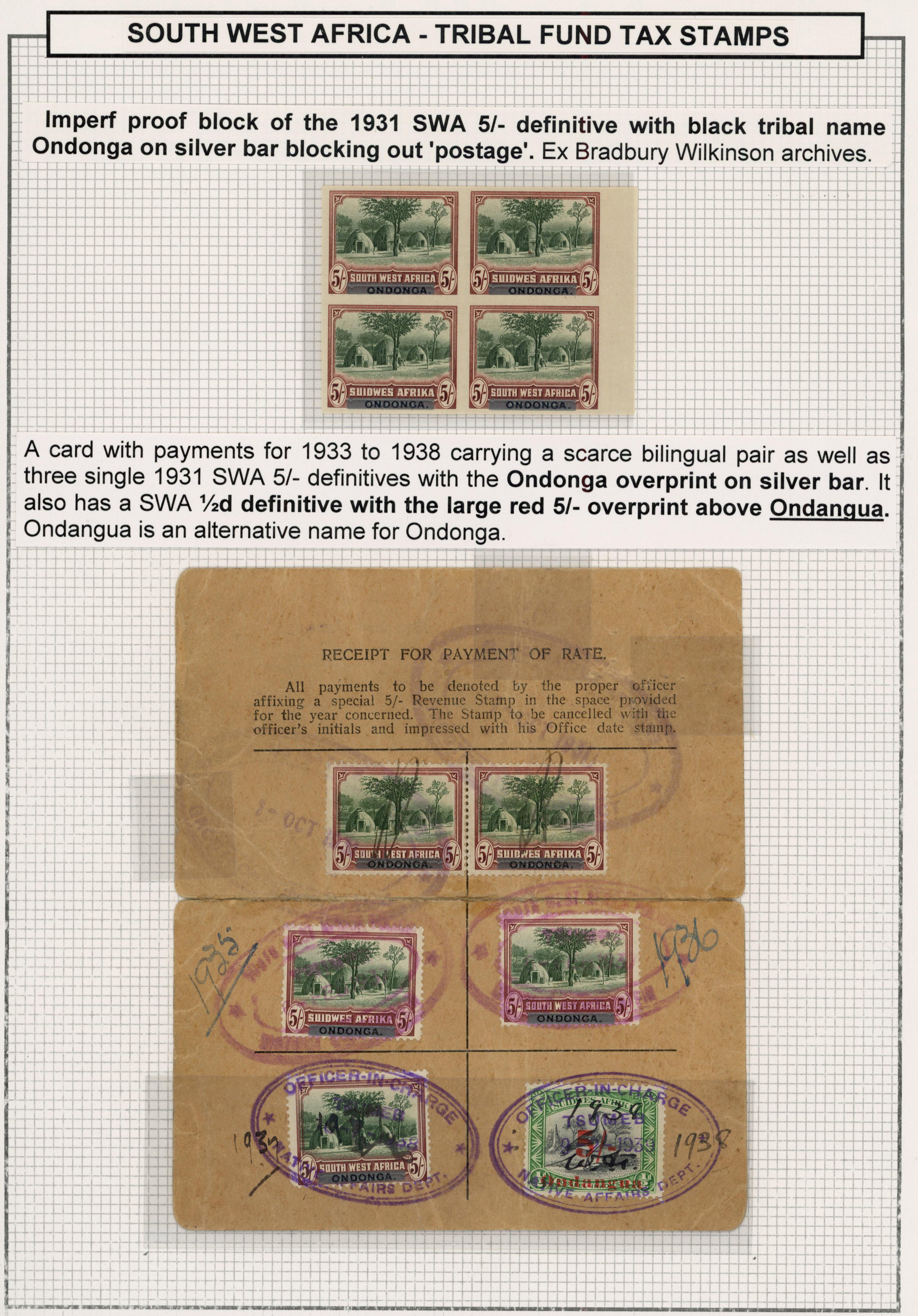 South West Africa. Tribal Taxes; Ondonga. Archival block and Registration card