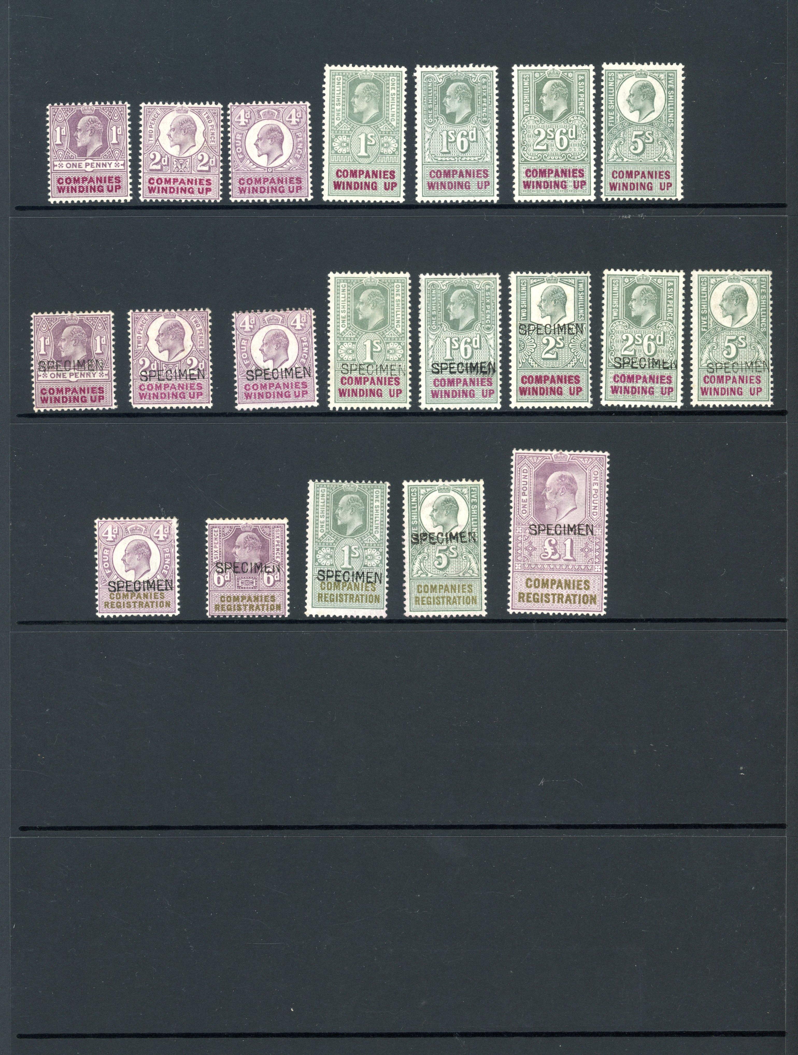 GB Companies Winding Up KEVII 1902 1d to 1s6d, 2s6d and 5s and set to 5s overprinted ‘SPECIMEN'