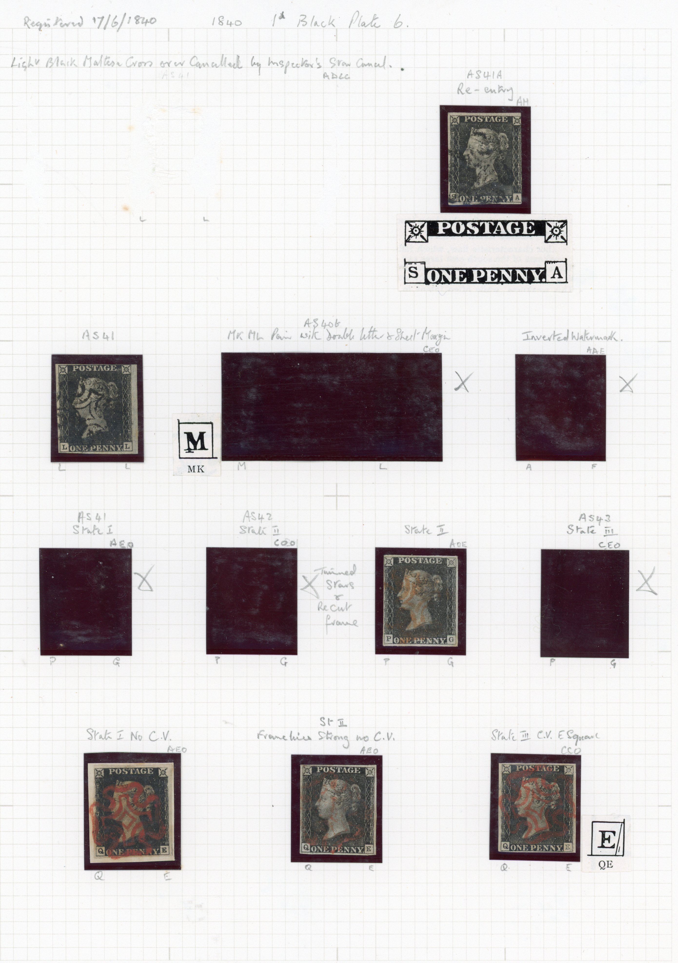 1840 1d Black Pl.6. Used group of six 1d blacks. 