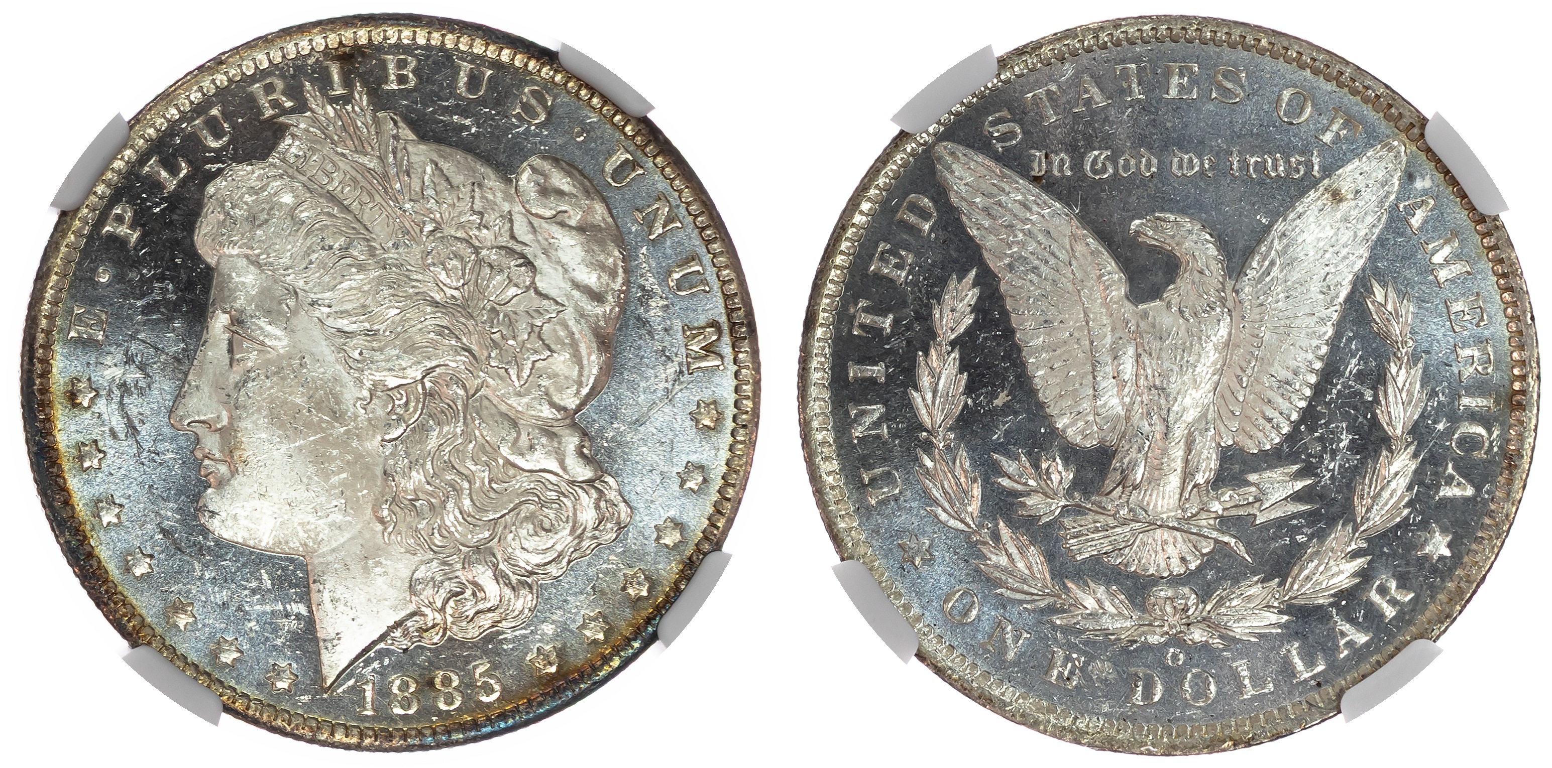 USA , silver Morgan Dollar, 1885, New Orleans (KM 110). In NGC holder graded MS 62 PL (8222221-004).…