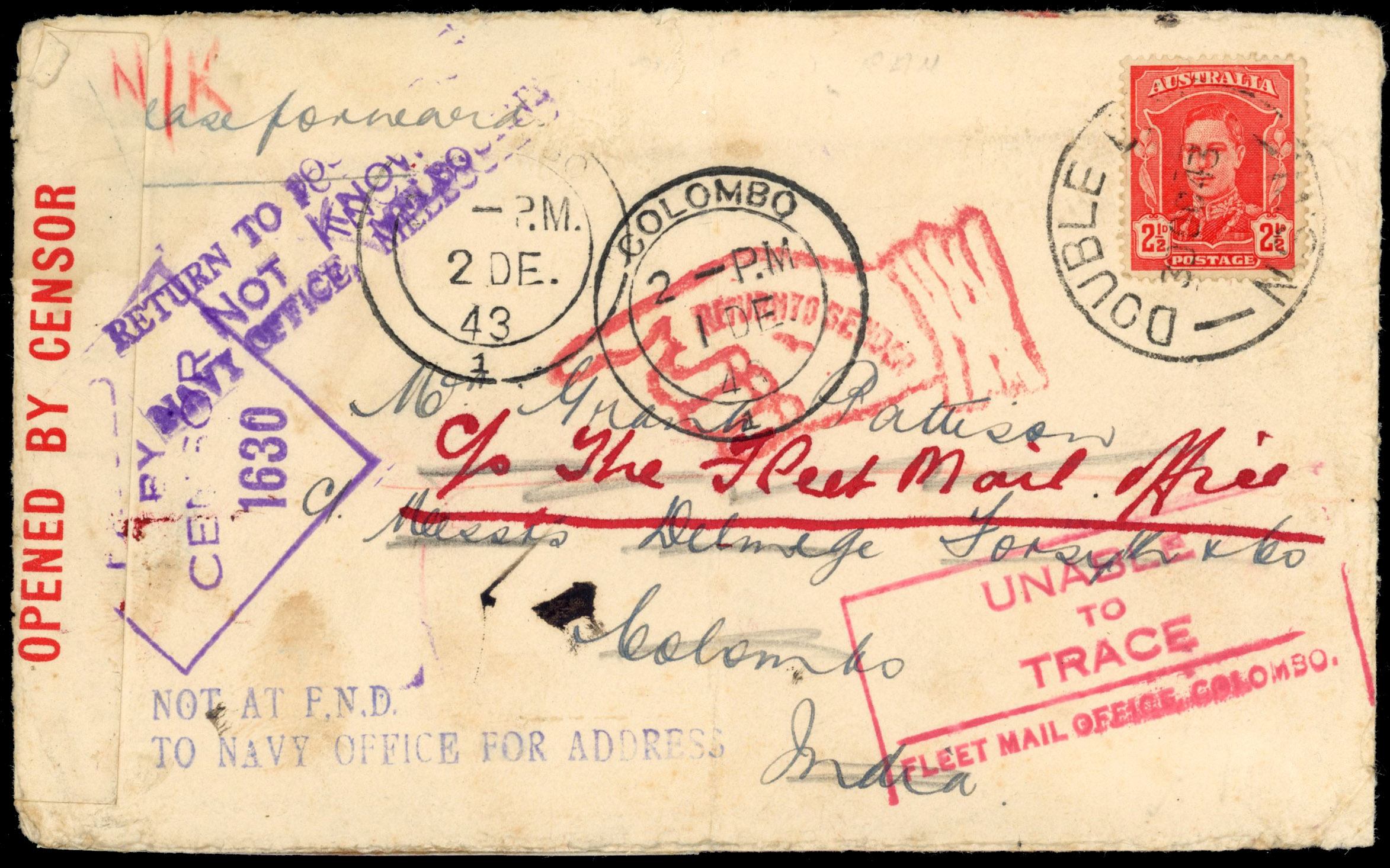 Ceylon 1943 return to sender envelope