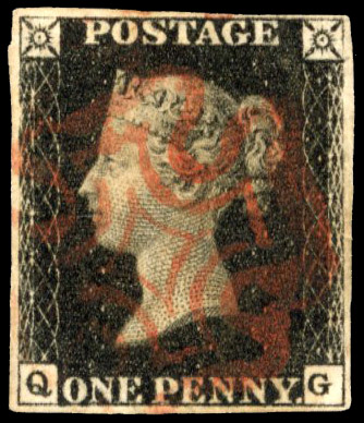 1840 1d black, plate 5 (QG) four margins, cancelled red MC SG 2