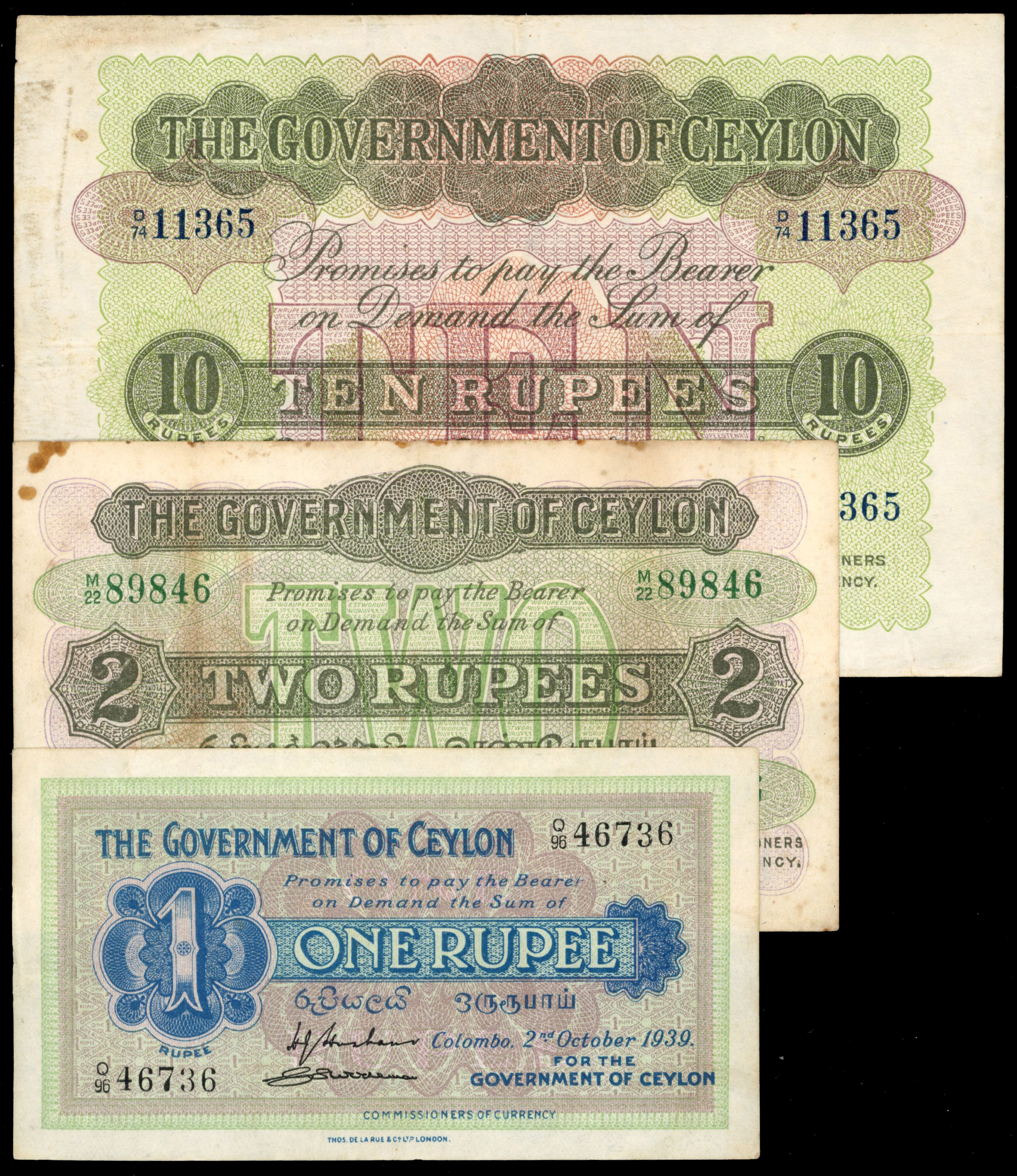 Ceylon, British Administration, Colombo, 2 Oct 1939 - One Rupe; Two Rupees; Ten Rupees. (Pick 16, 21b, 25). 1R…