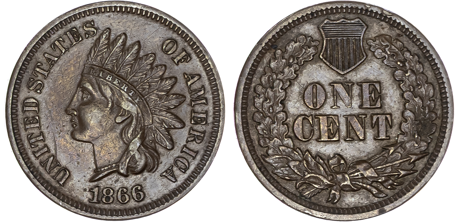 USA , Indian Head bronze Cent, 1866, Philadelphia, 3.00g (KM 90a) . Extremely Fine or better.…