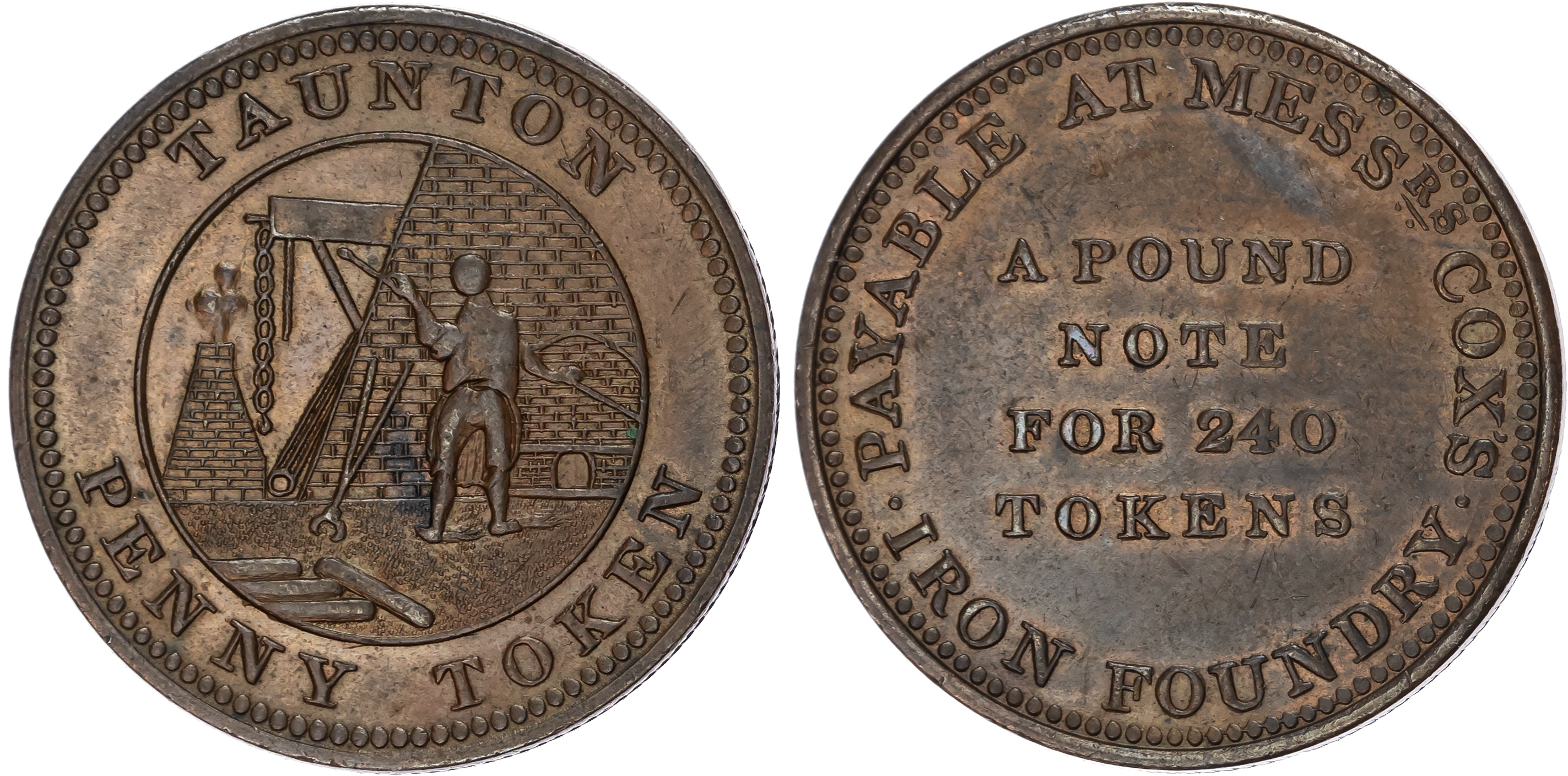 TAVISTOCK , Dev. William Cox’s iron Foundry Penny 1811, man working at the foundry, rev. A POUND FOR 240 TOKEN…