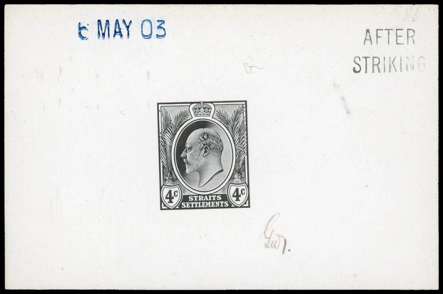 Straits Settlements 1903 4c die proof in black AFTER STRIKING