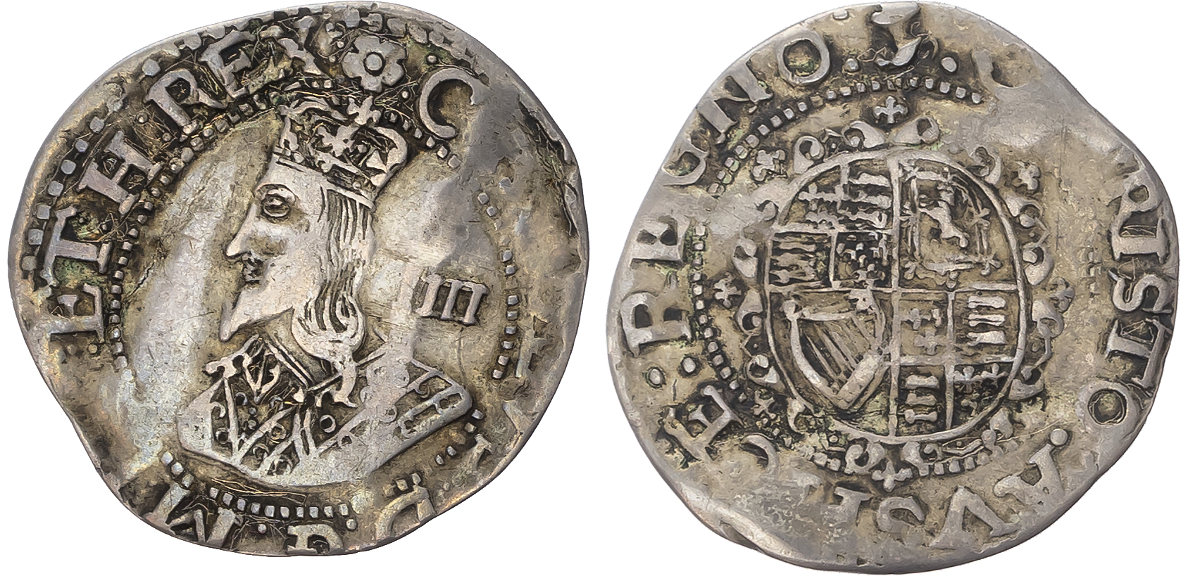 Charles I (1625-1649) Groat, Worcester or Shrewsbury mint (1643-44), mintmark rose/helmet. Crowned bust left. Rev, oval …