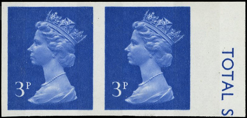 GB: 1971 3p ultramarine (2 bands) r/h marginal horizontal imperforate pair, fine unmounted o.g. SG X855a
