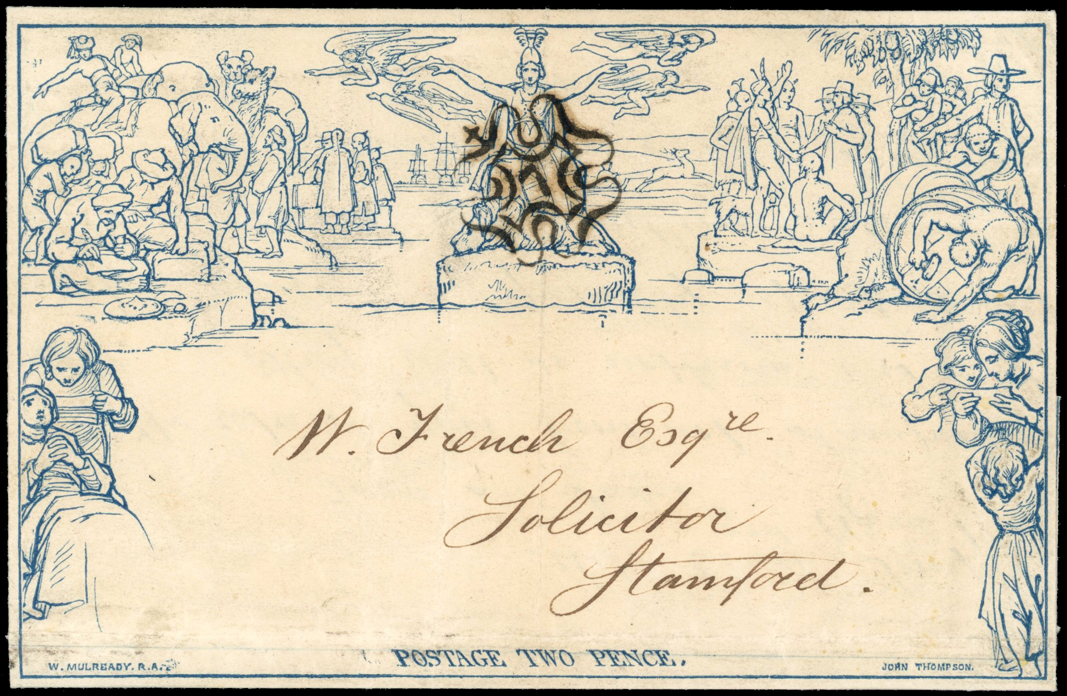 GB 1840 2d Mulready lettersheet, '7' in Cross