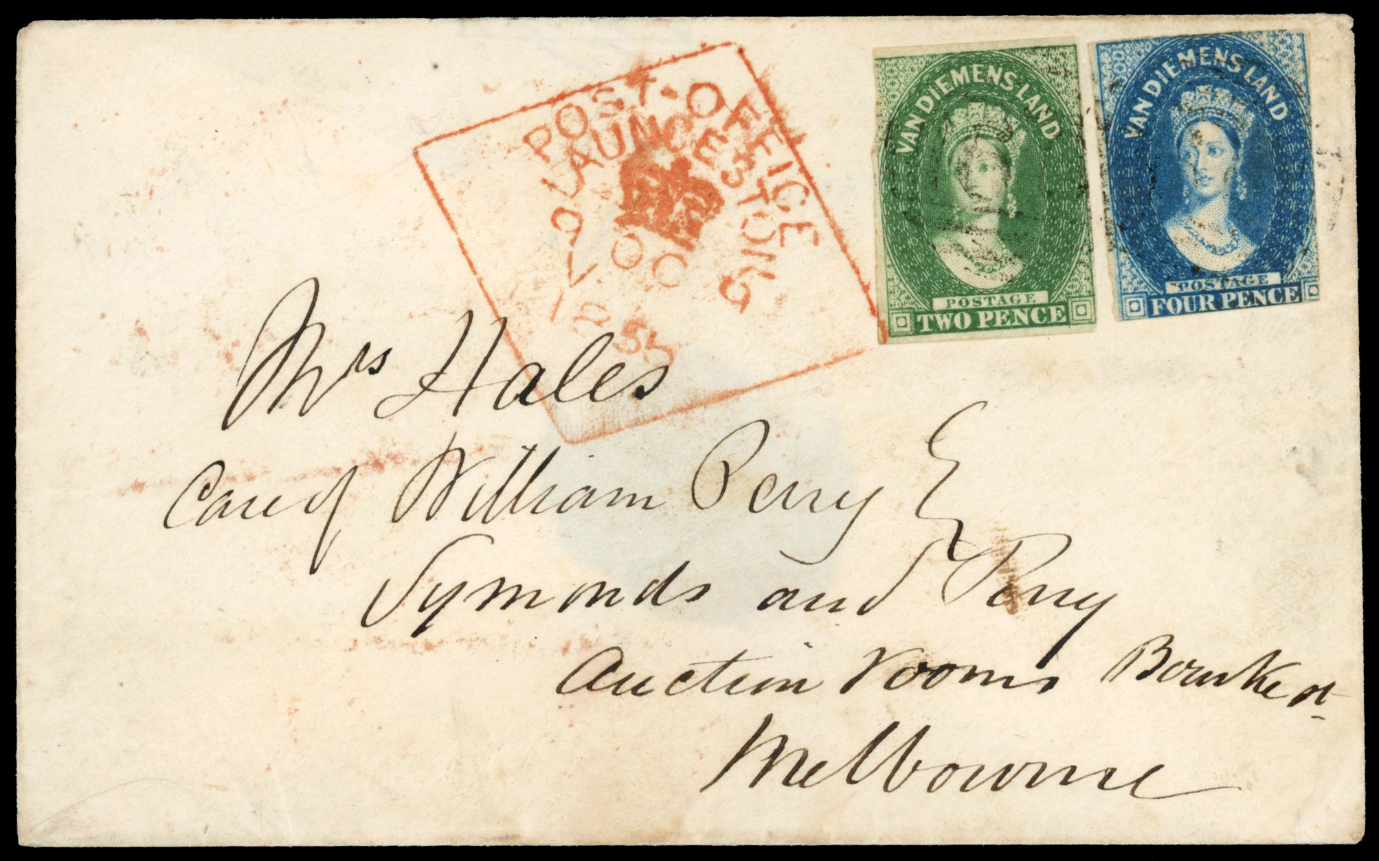 Tasmania SG 16, 17 1856 cover to Melbourne
