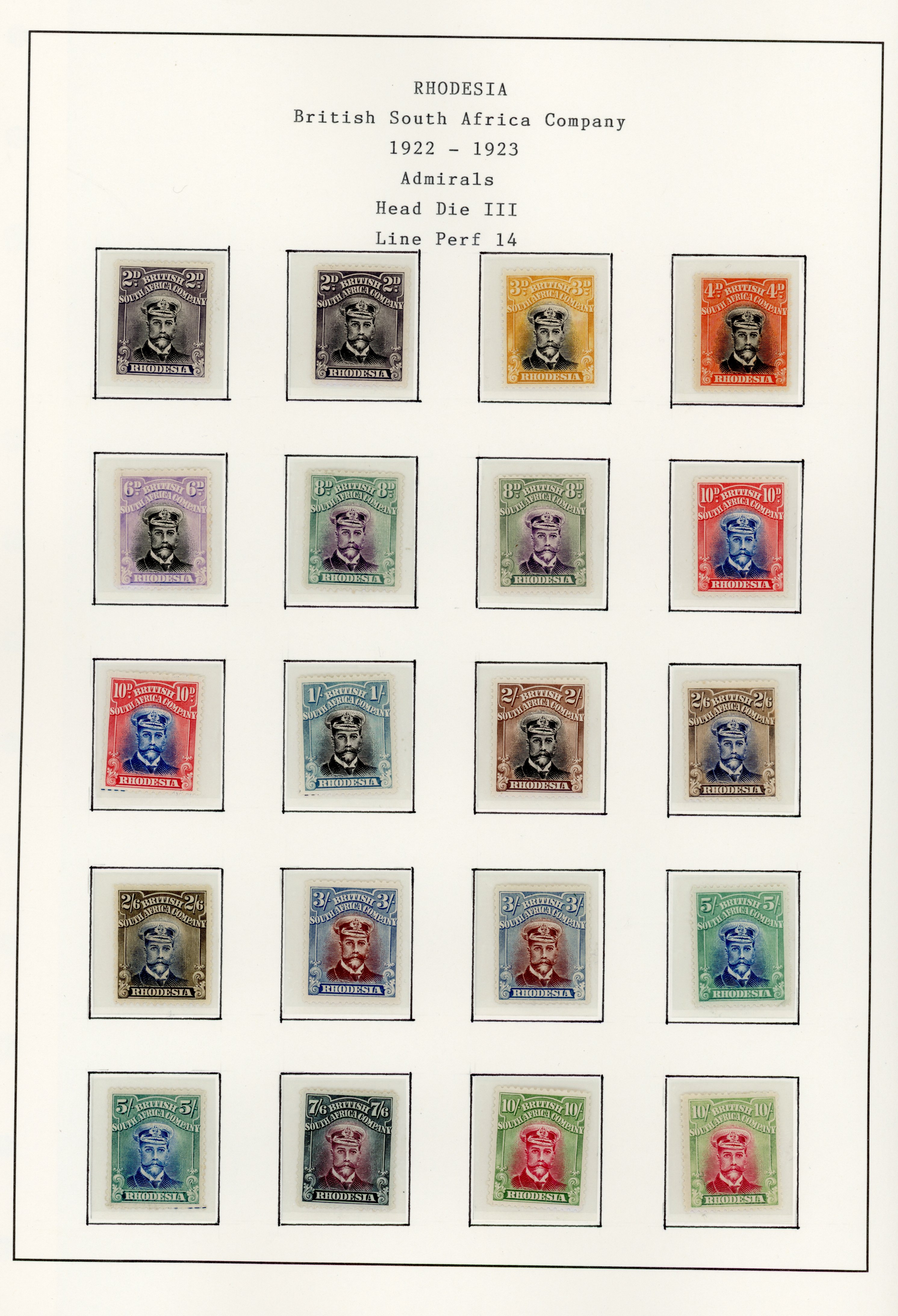 Rhodesia SG 291-309a, 311 Admirals Head Die IIB white paper perf 14 set mint