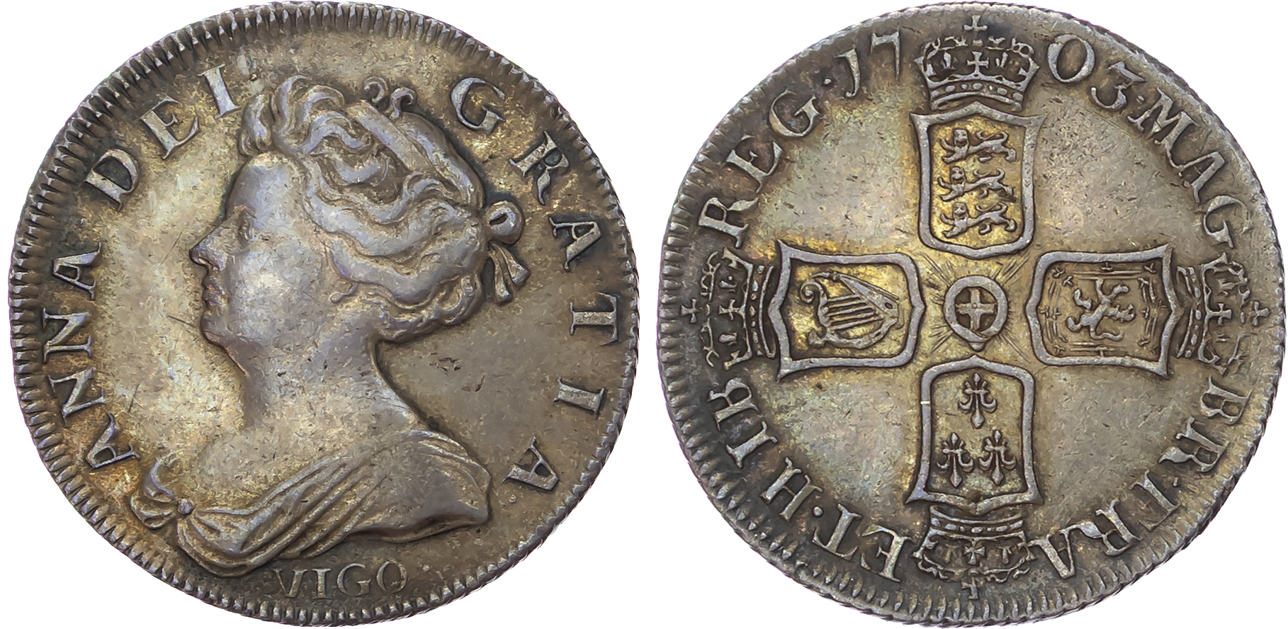 Anne (1702-1714), Pre Union, AR Shilling, 1703, VIGO.