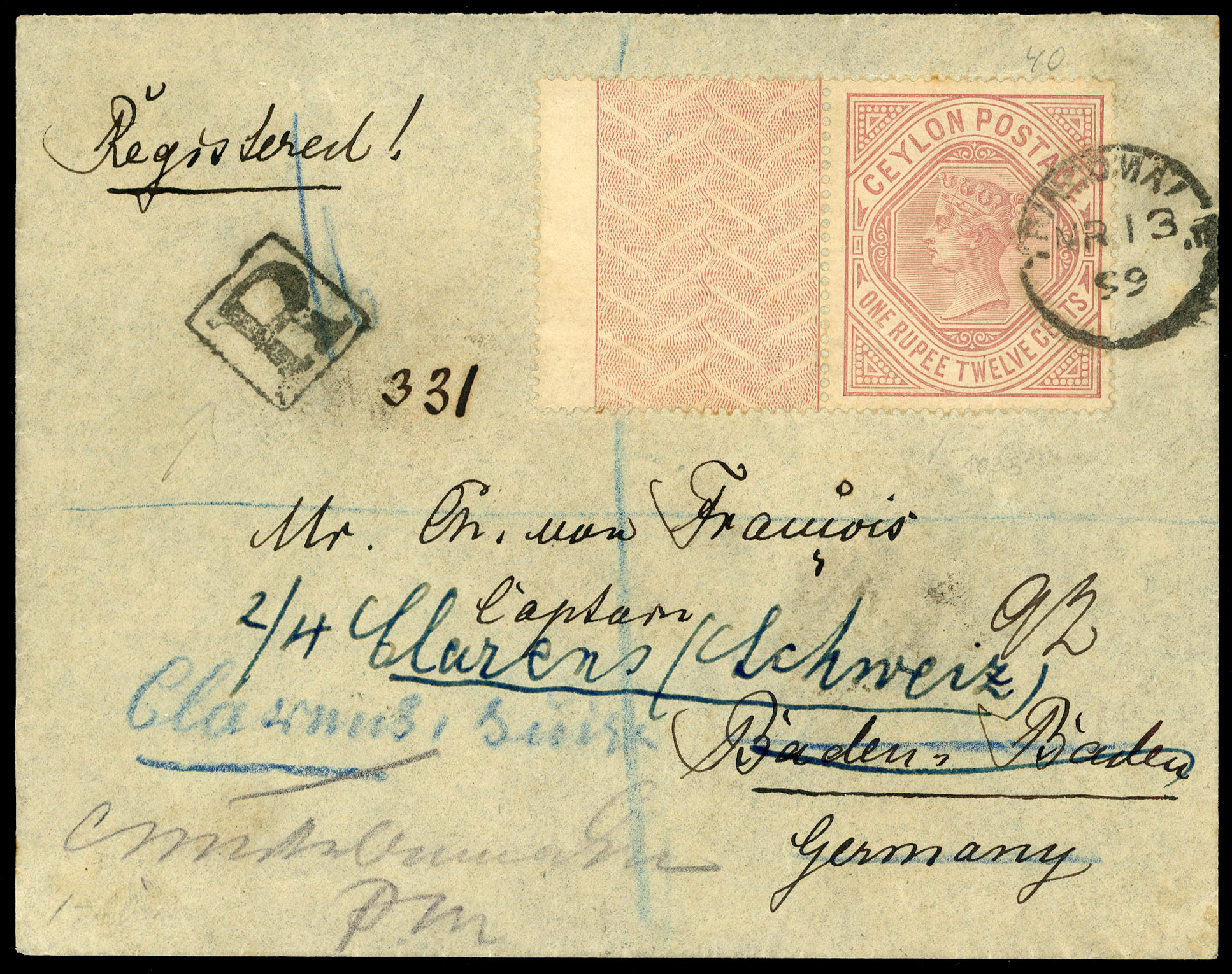 Ceylon 1899 registered cover to Germany franked by 1r12c dull rose SG 201