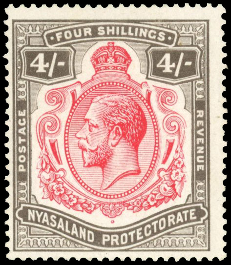 Nyasaland SG 95b 1913-21 4/- broken crown and scroll kint