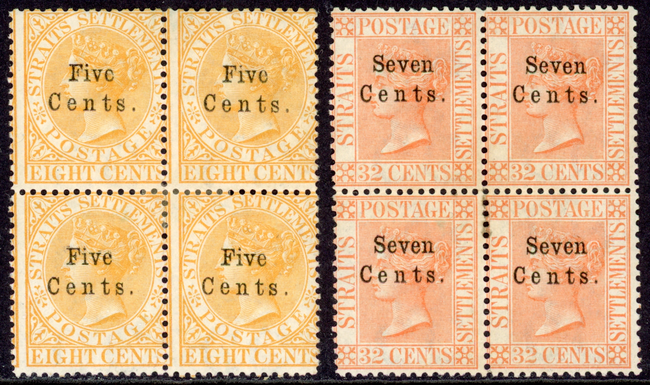 Straits Settlements SG 20/21 1879 5c on 8c orange, 7c on 32c pale red blocks of 4