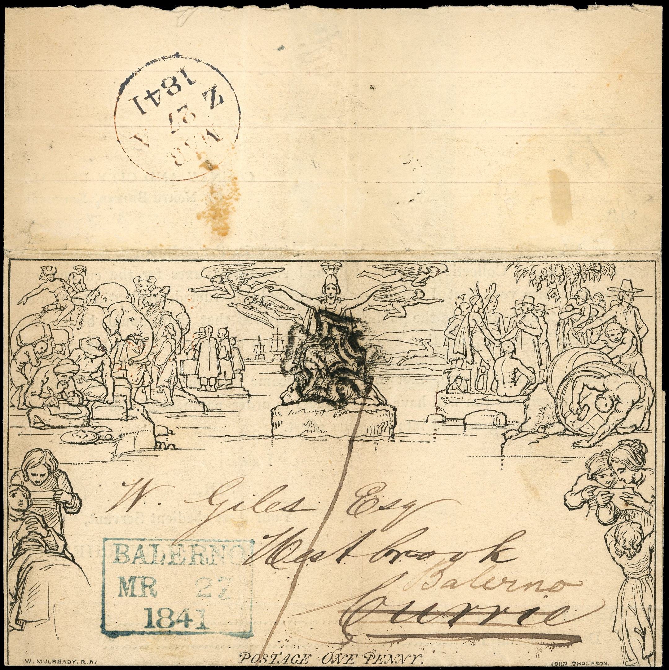 1840 Mulready wrapper Forme1, Stereo A5 to Currie, then re-addressed to Balerno