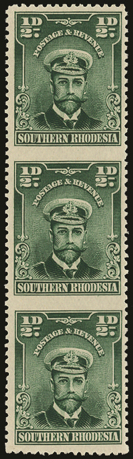 SOUTHERN RHODESIA 1924 SG1d Mint ½d vert strip of three ERROR IMPERF BETWEEN, mint