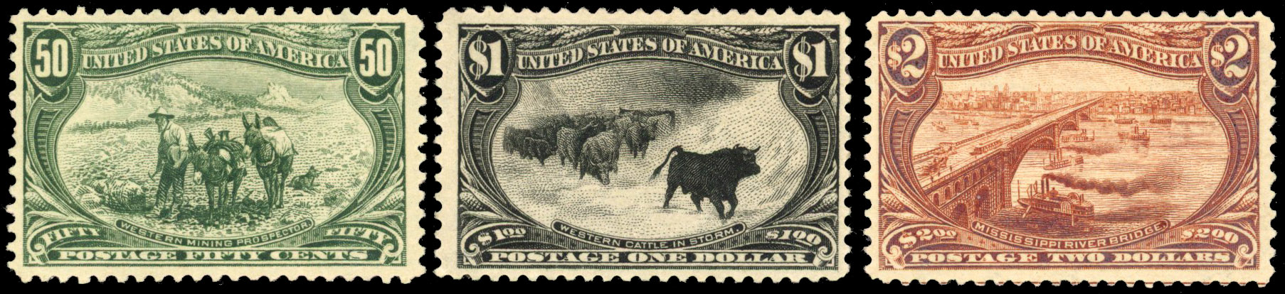 USA 1898 Omaha 50c, $1 and $2 values mint
