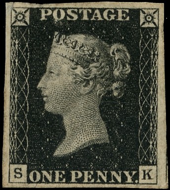 GB 1840 1d intense black plate 1b (SK) four margins, RPS certificate (1985) states “has been repaired”...